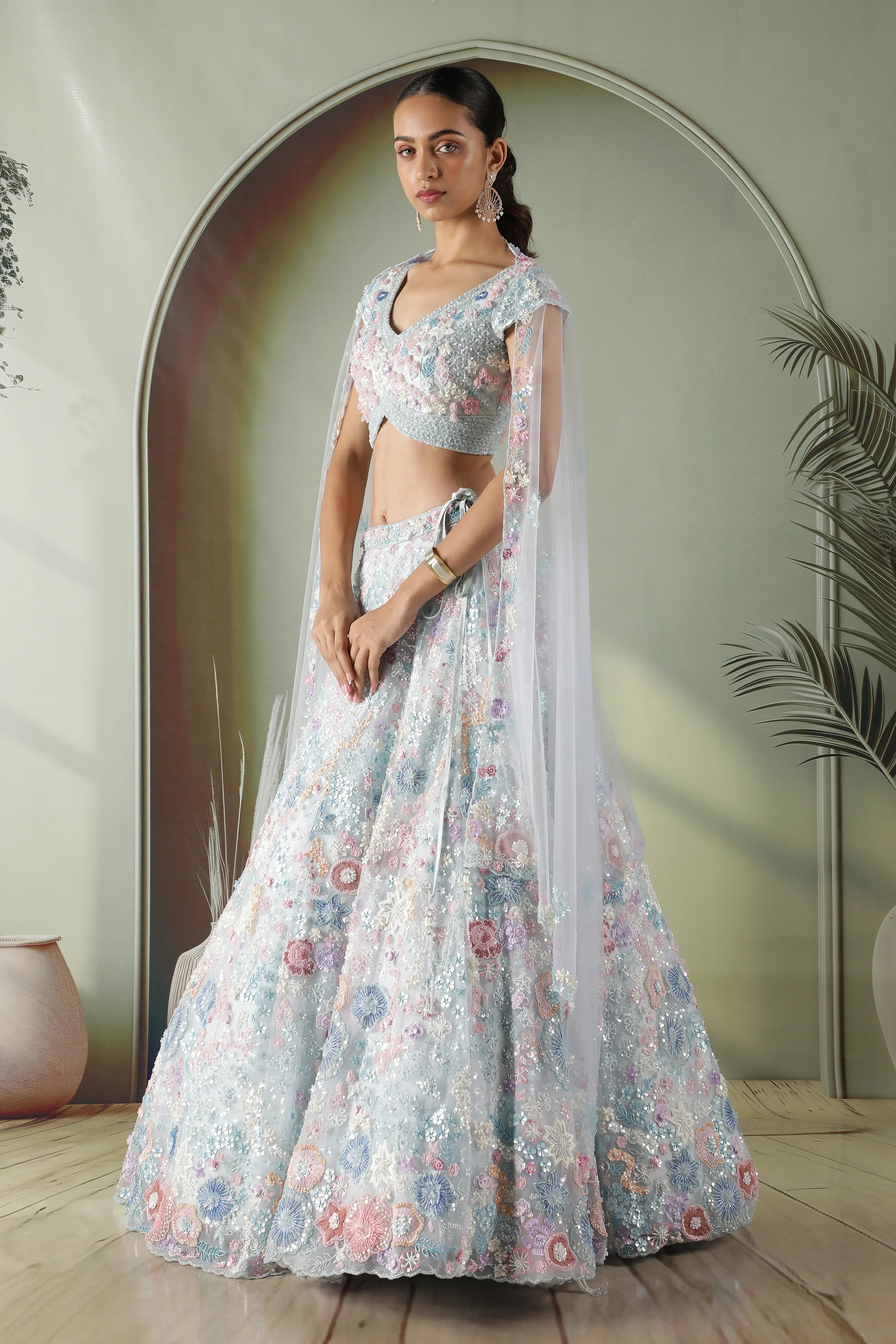 Powder Blue Multicolor Embroidered Net Lehenga Set - Mokshaa