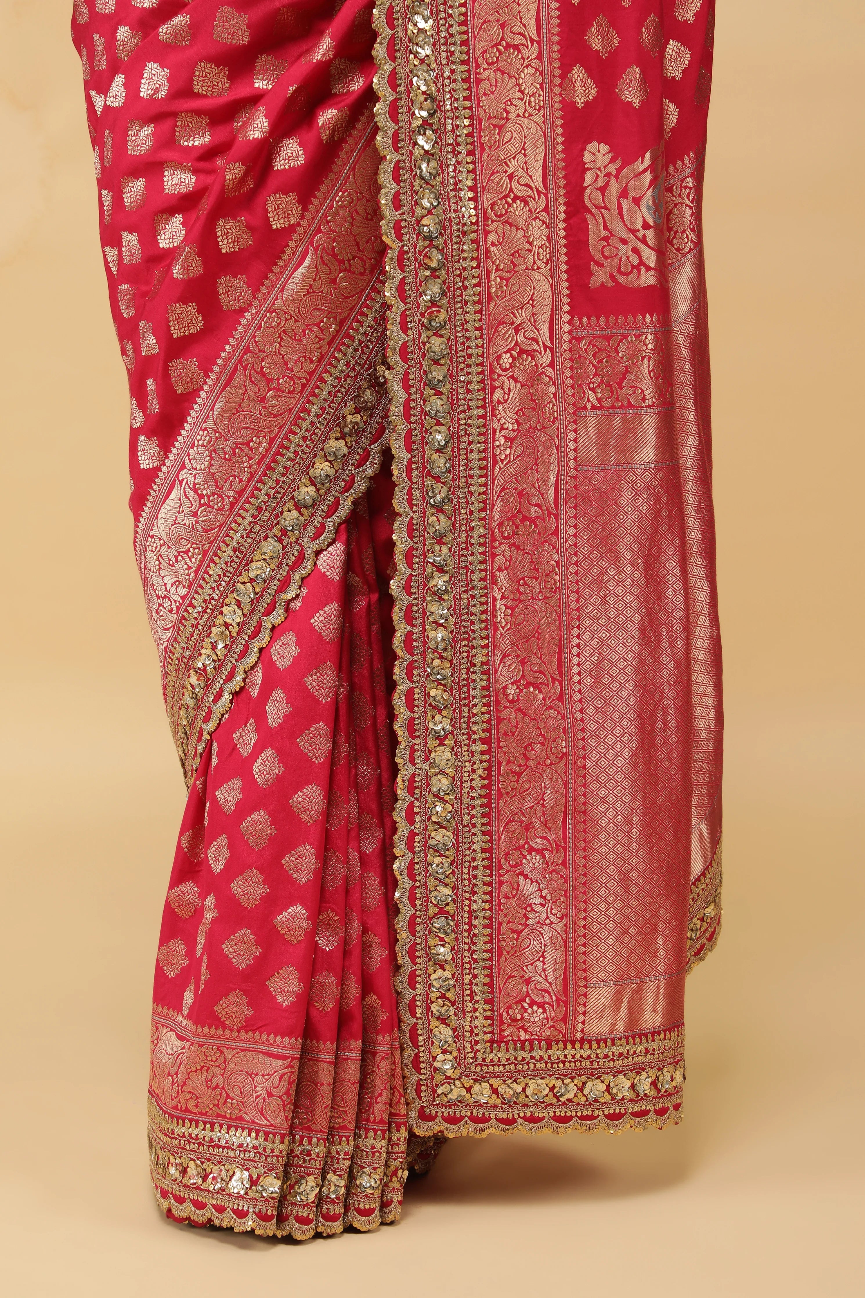 Pinkish Red Banaras Silk Saree with Gold Sequin Zari Border - Mokshaa