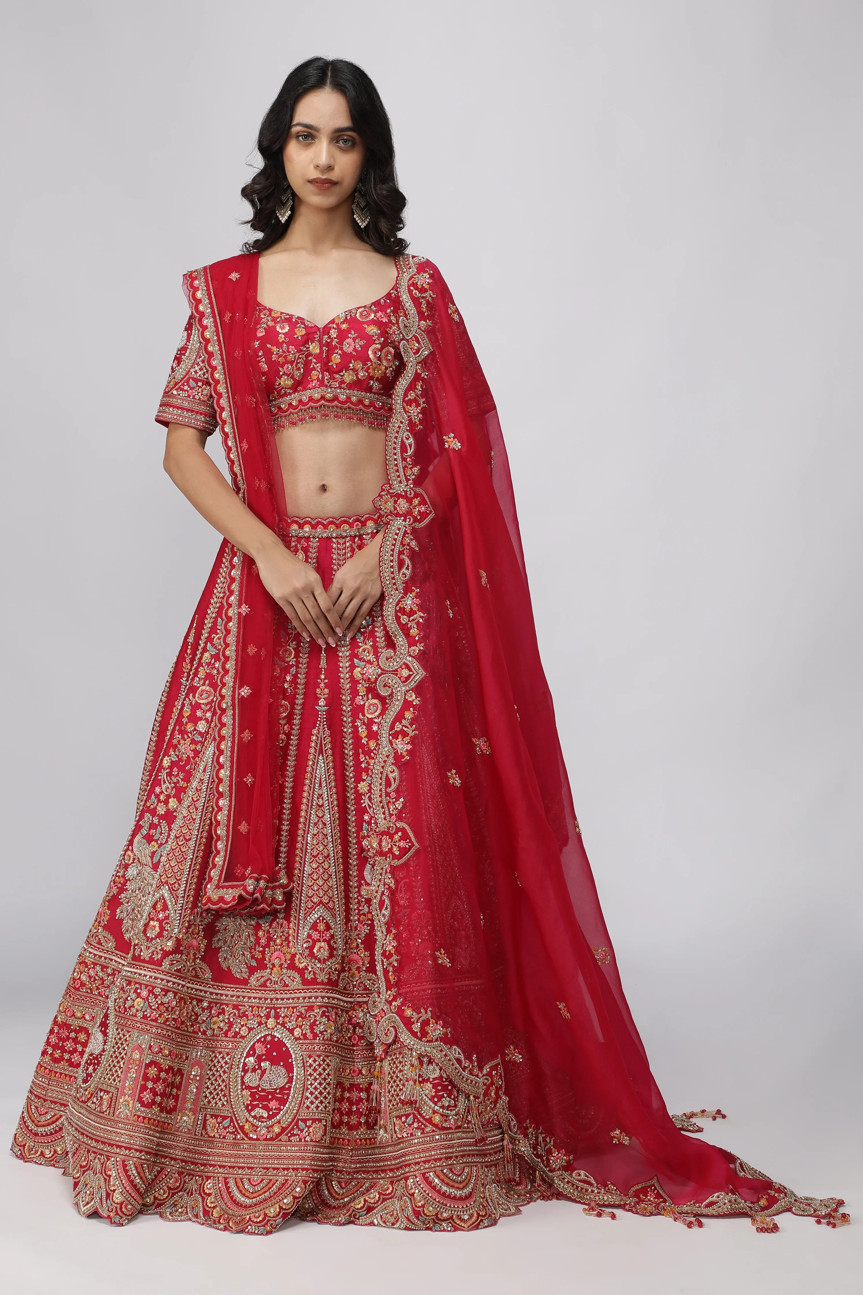 Red Raw Silk Bridal Lehenga Set - Mokshaa