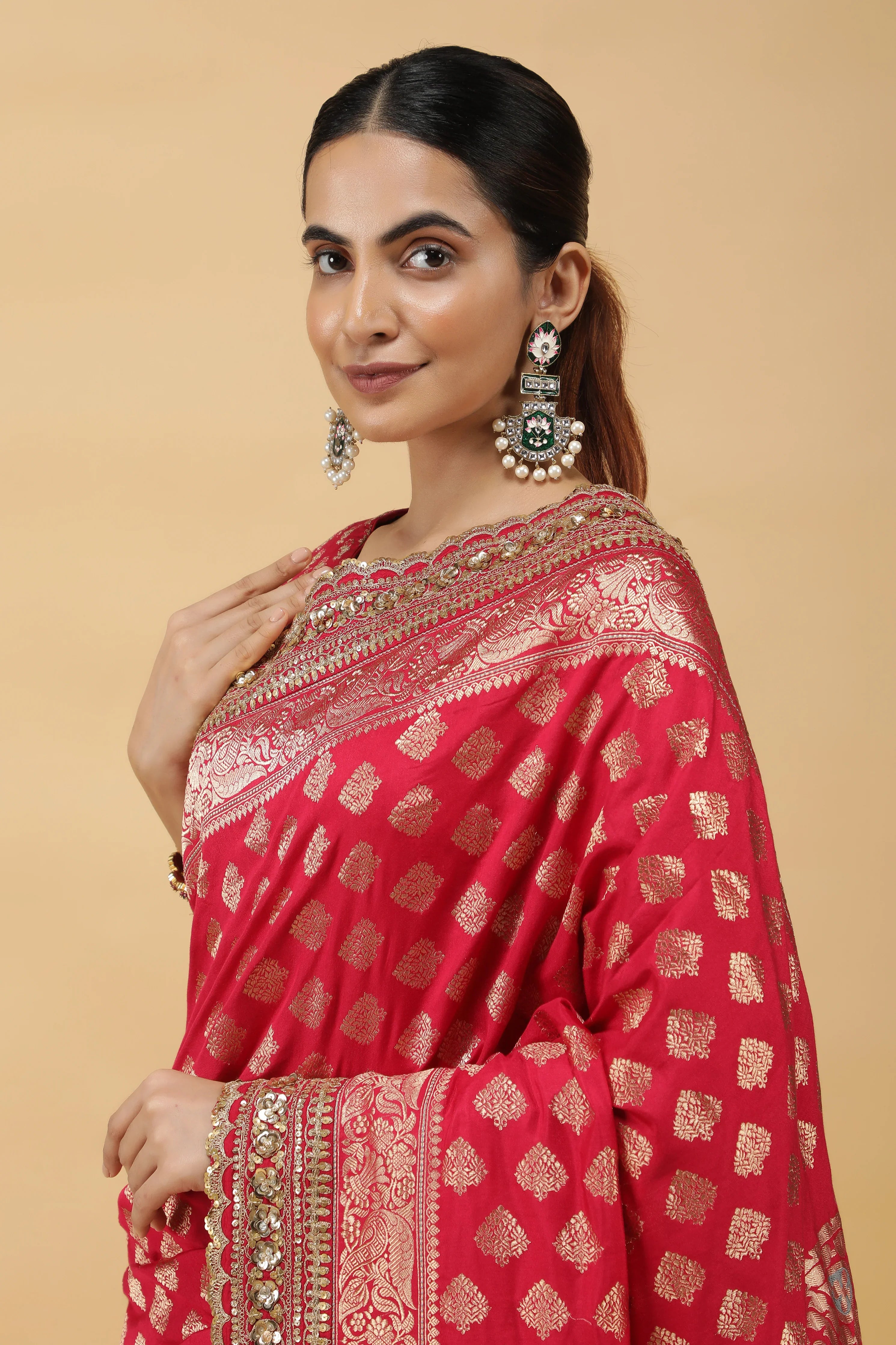 Pinkish Red Banaras Silk Saree with Gold Sequin Zari Border - Mokshaa