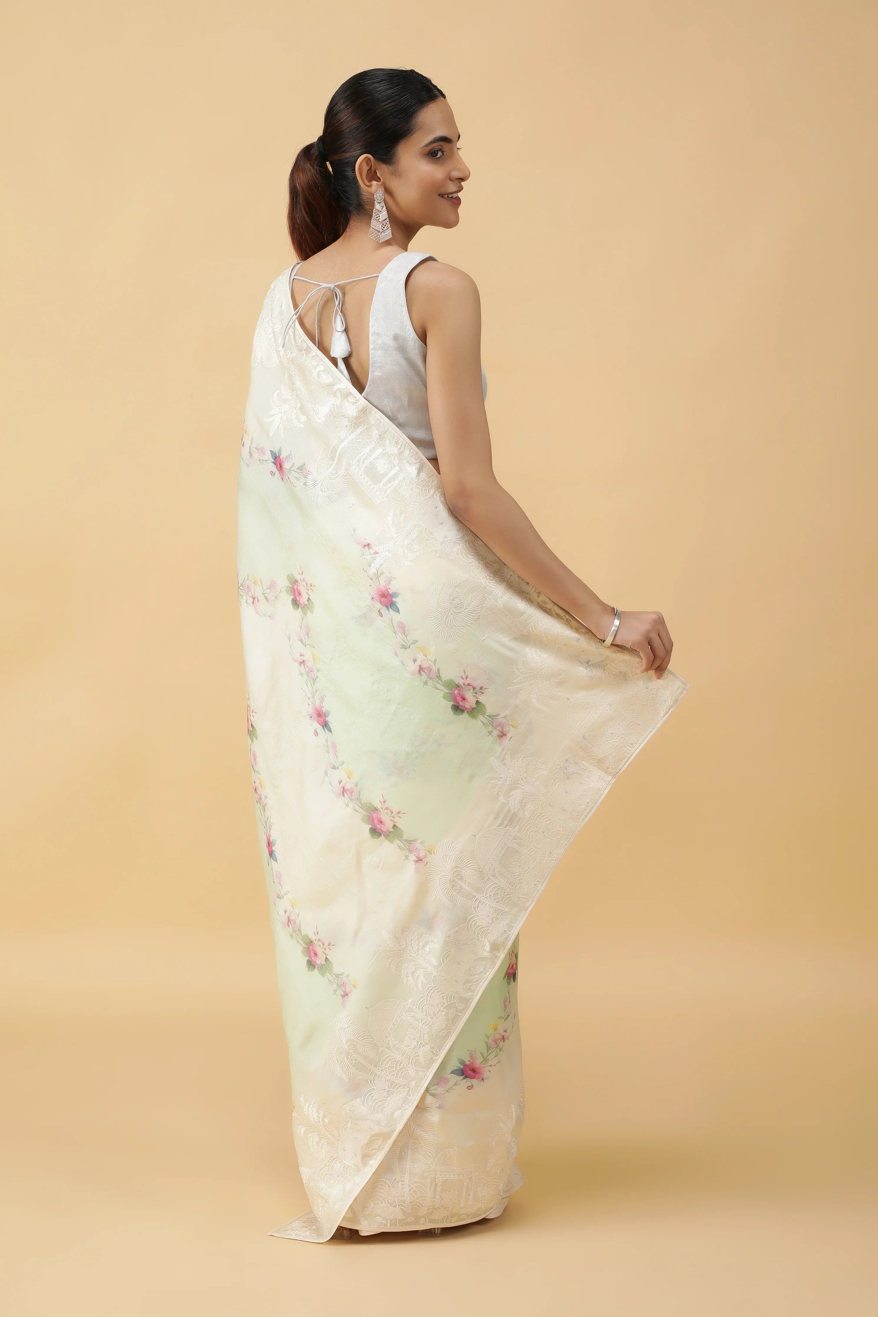 Light Green Tussar Silk Saree with Floral Print - Mokshaa