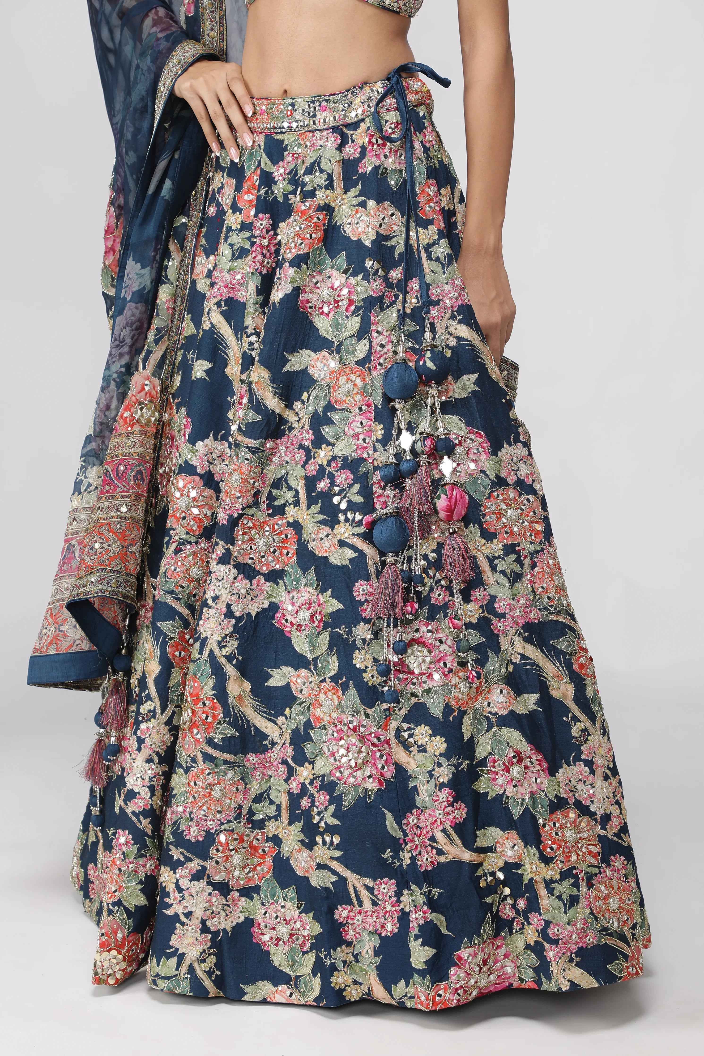 Navy Blue Silk Printed Lehenga Set - Mokshaa