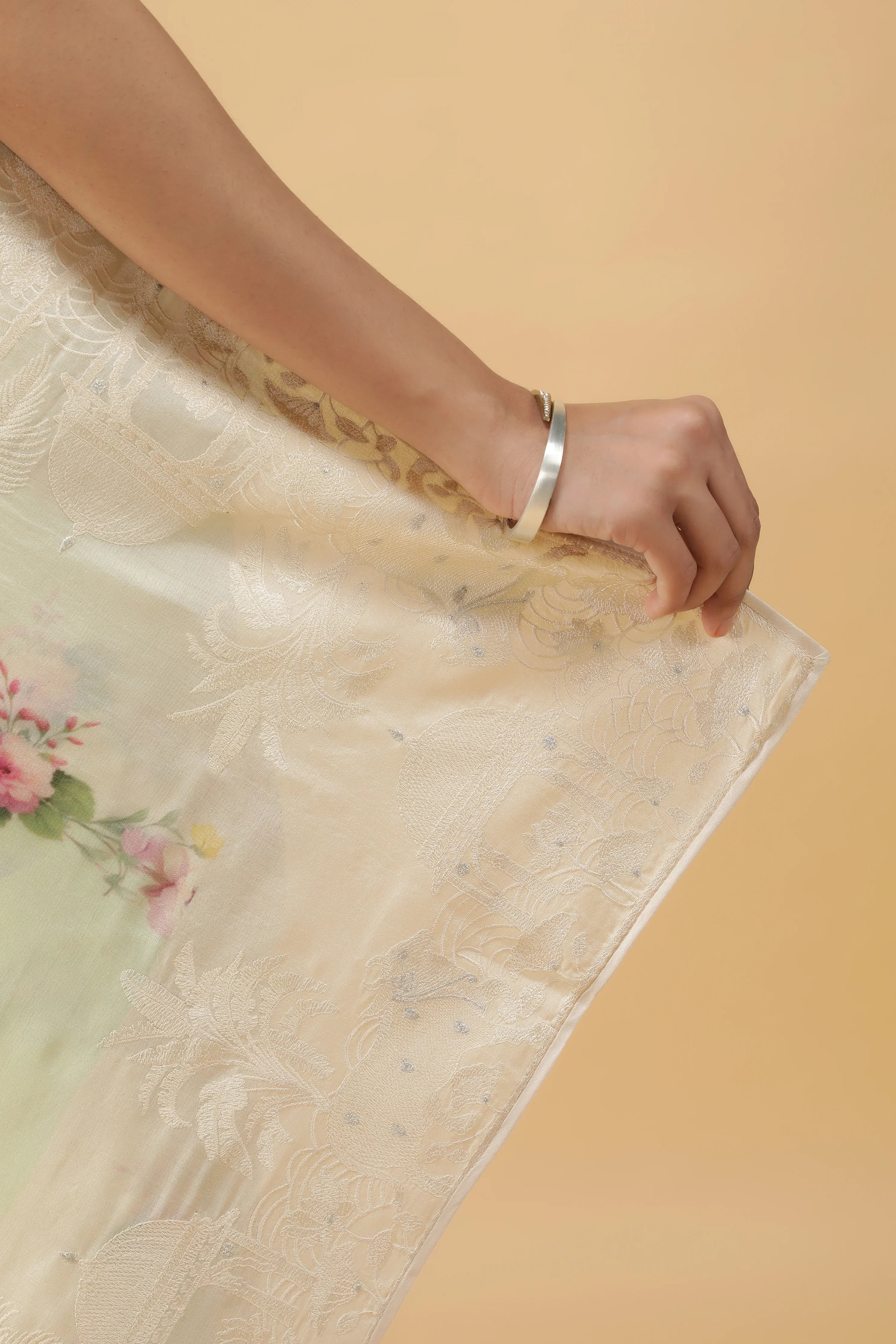 Light Green Tussar Silk Saree with Floral Print - Mokshaa