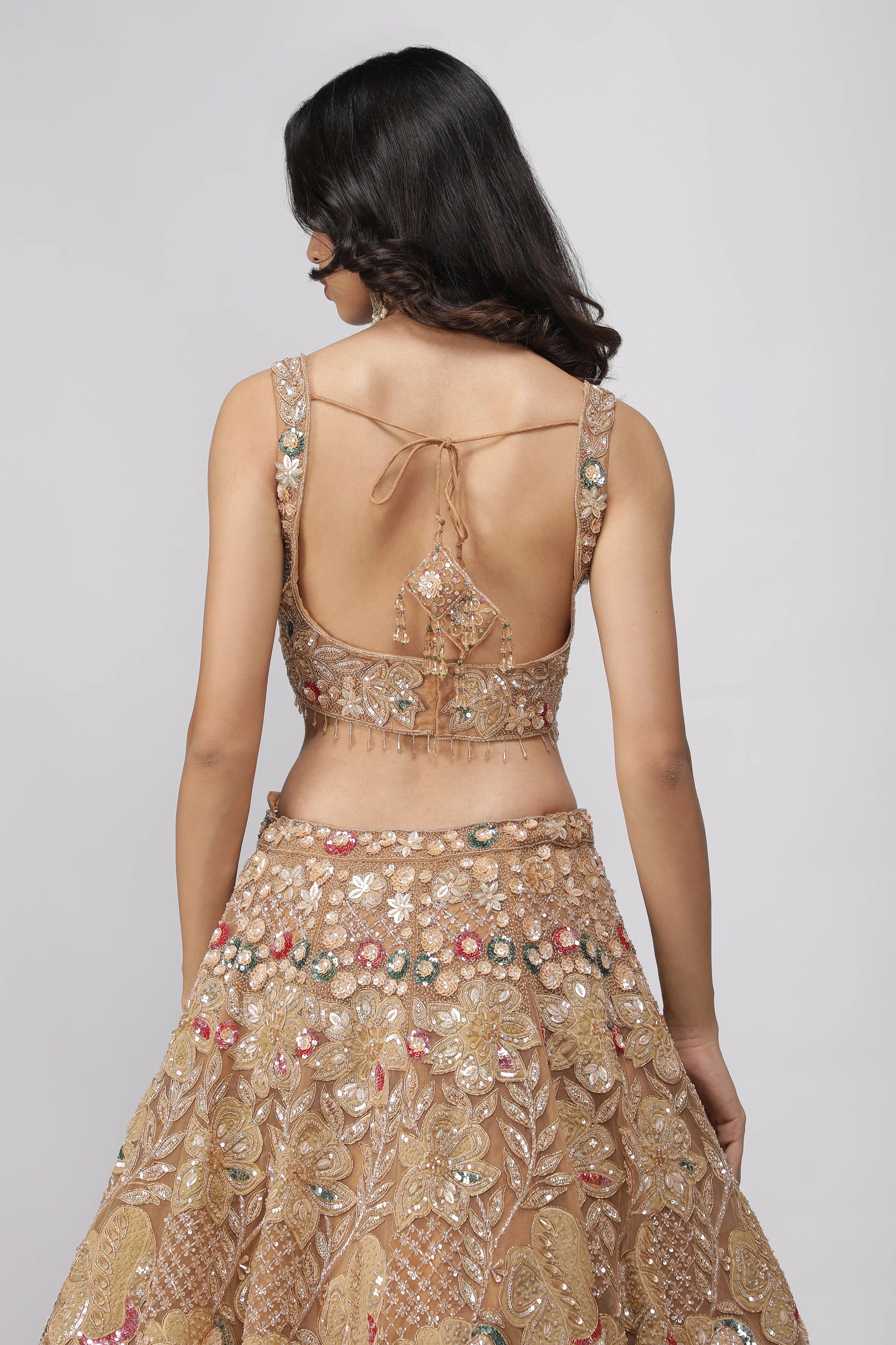 Golden Beige Net Lehenga Set - Mokshaa