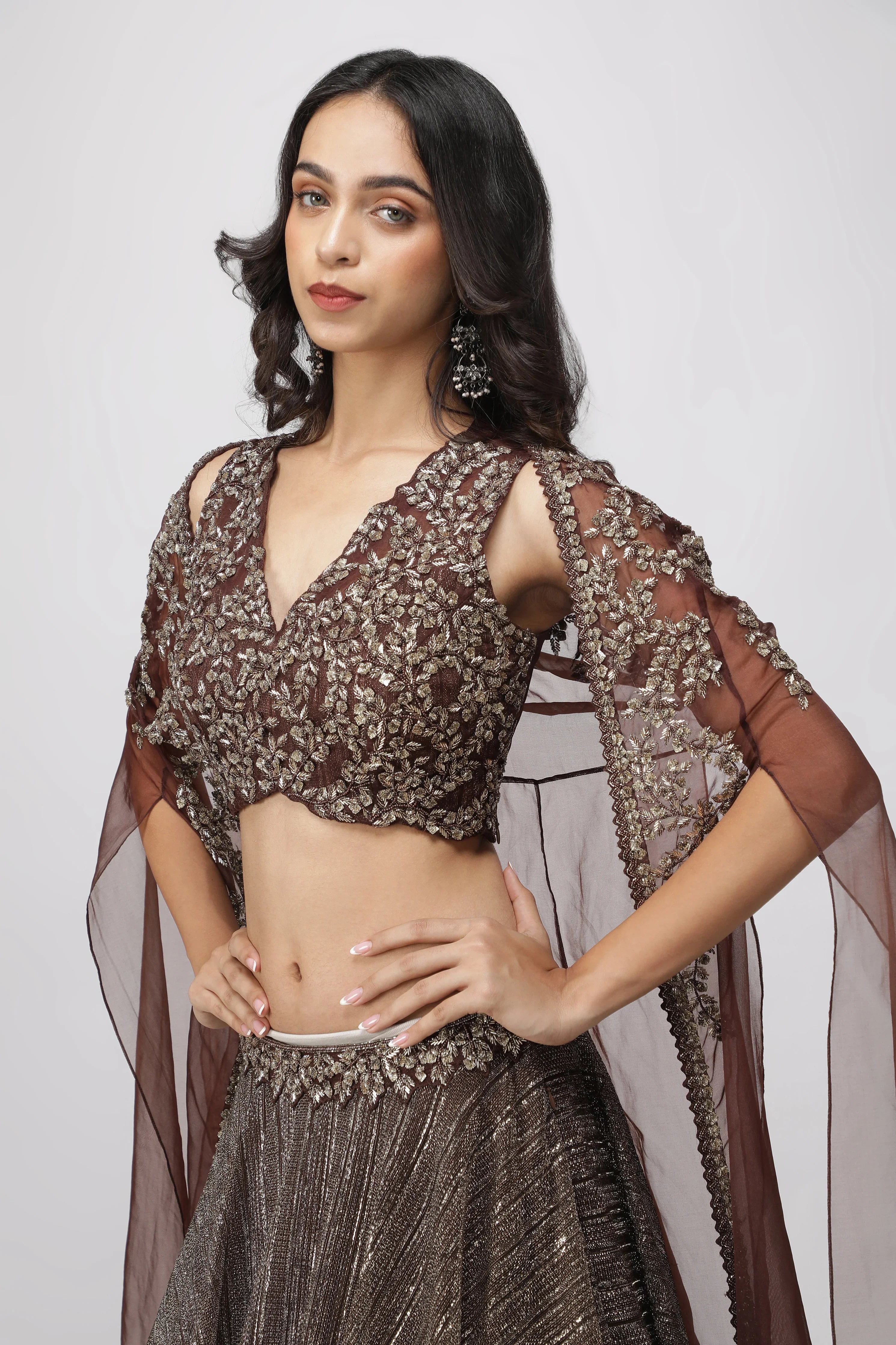 Coffee Brown Jacket Lehenga with Metallic Pearl Embroidery - Mokshaa