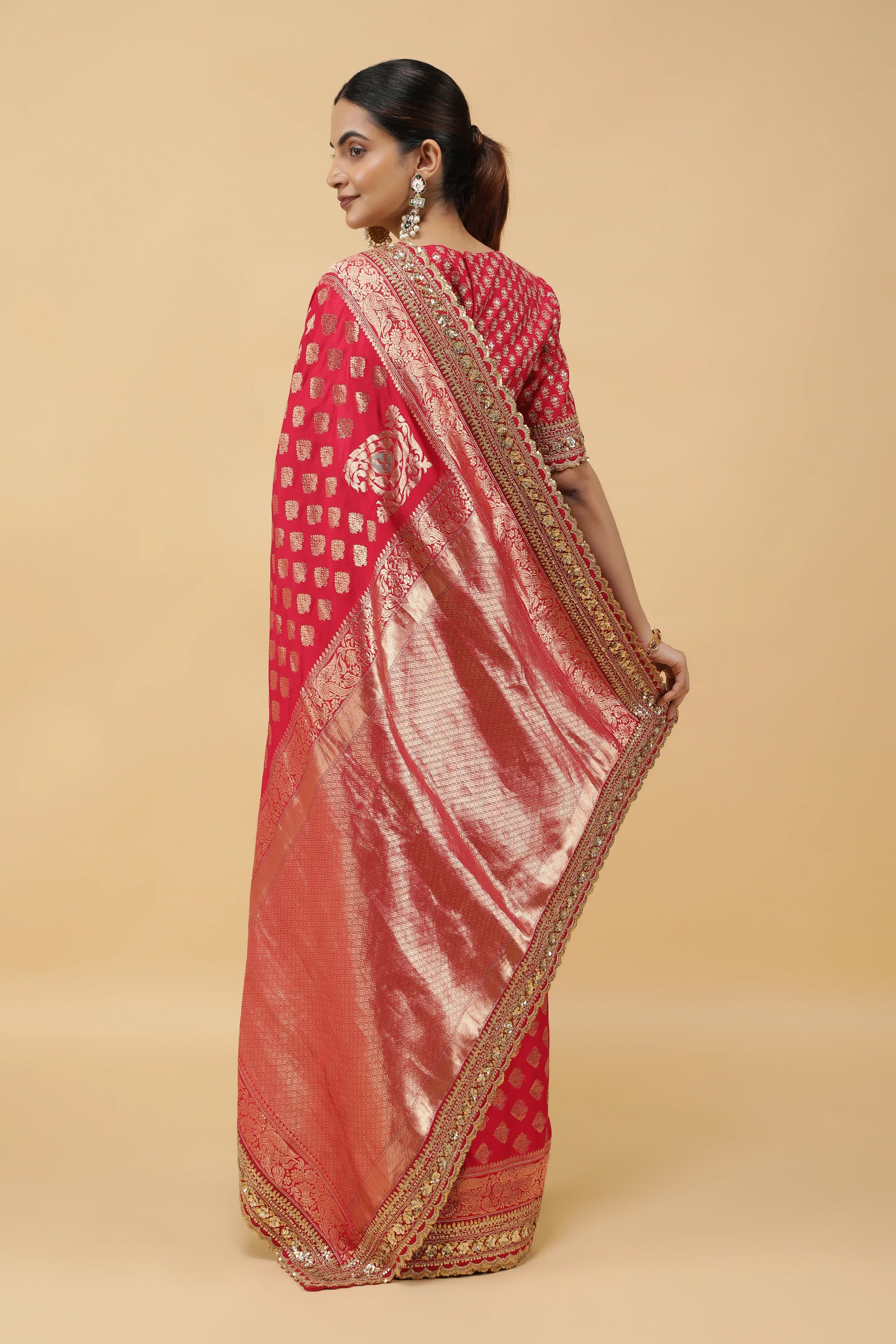 Pinkish Red Banaras Silk Saree with Gold Sequin Zari Border - Mokshaa