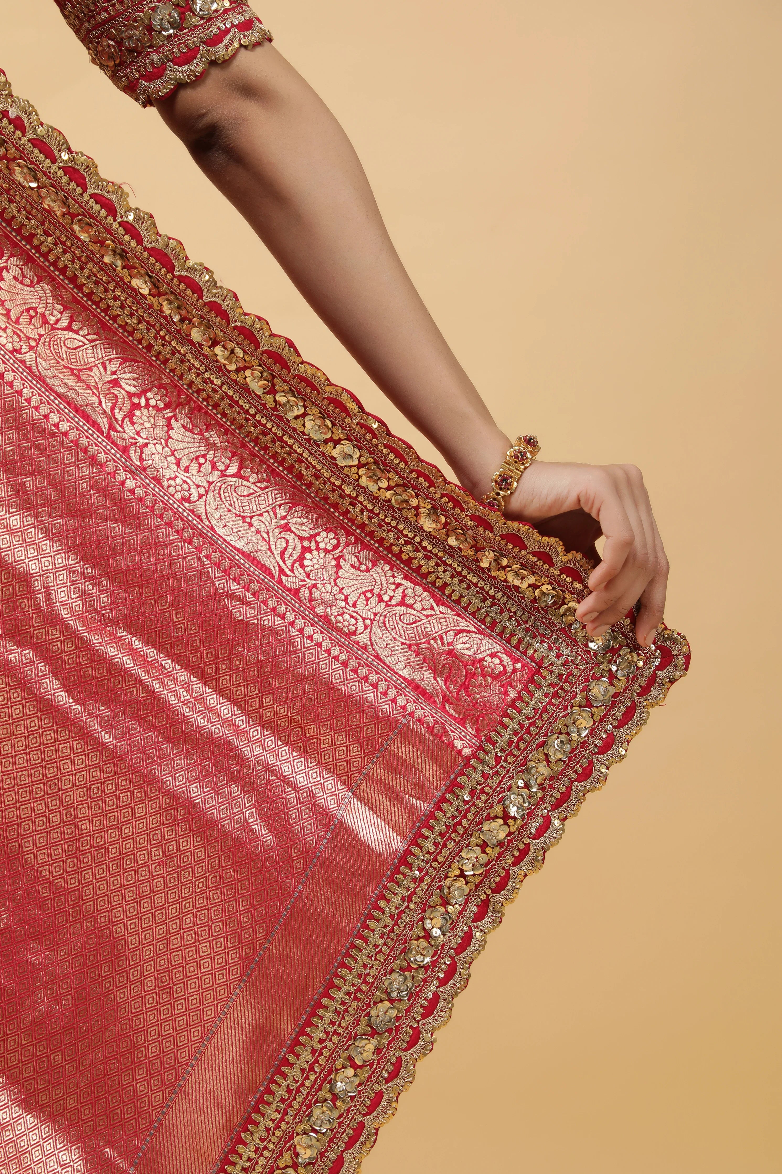 Pinkish Red Banaras Silk Saree with Gold Sequin Zari Border - Mokshaa