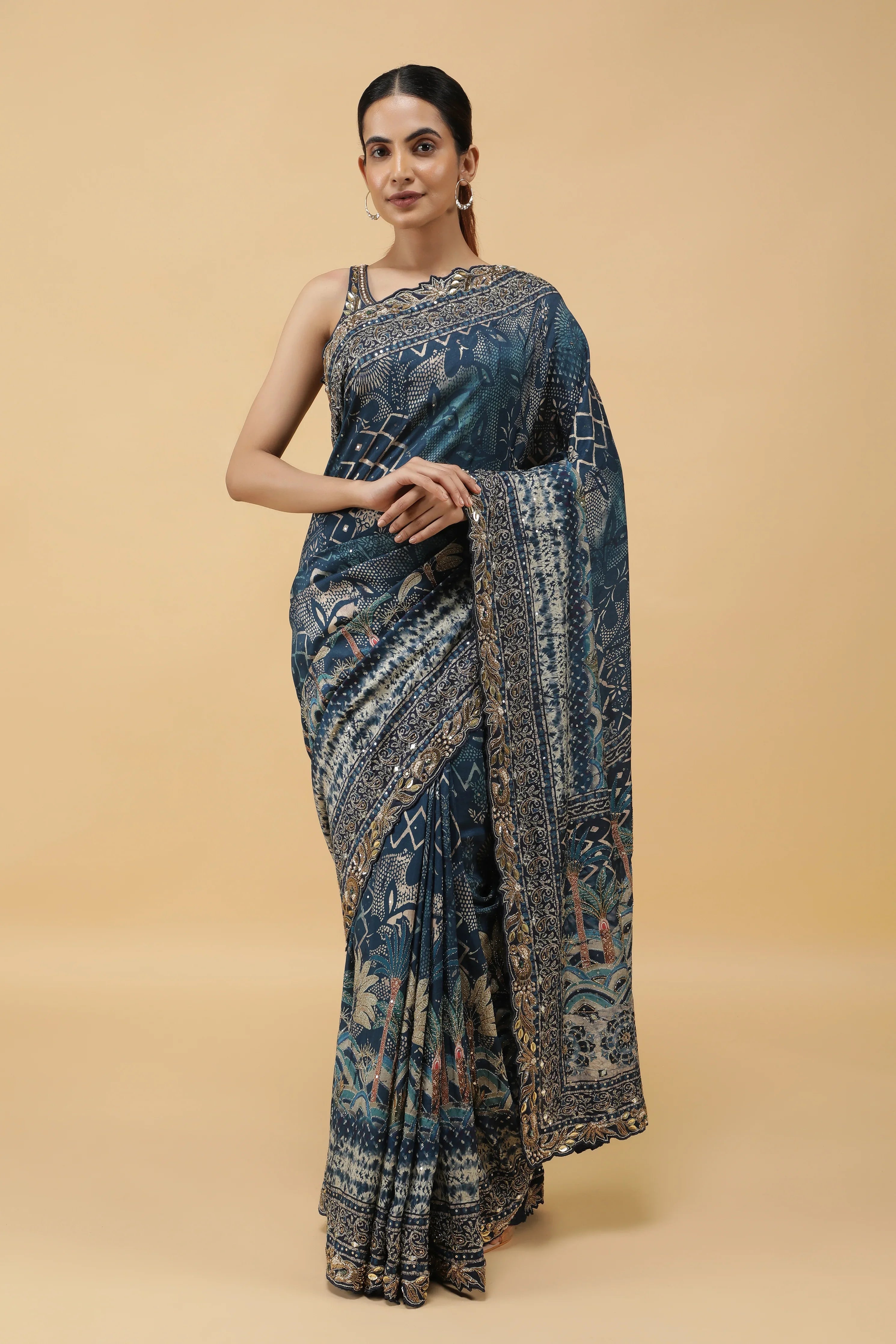 Steel Blue Crepe Silk Saree with Digital Print & Aari Embroidery - Mokshaa
