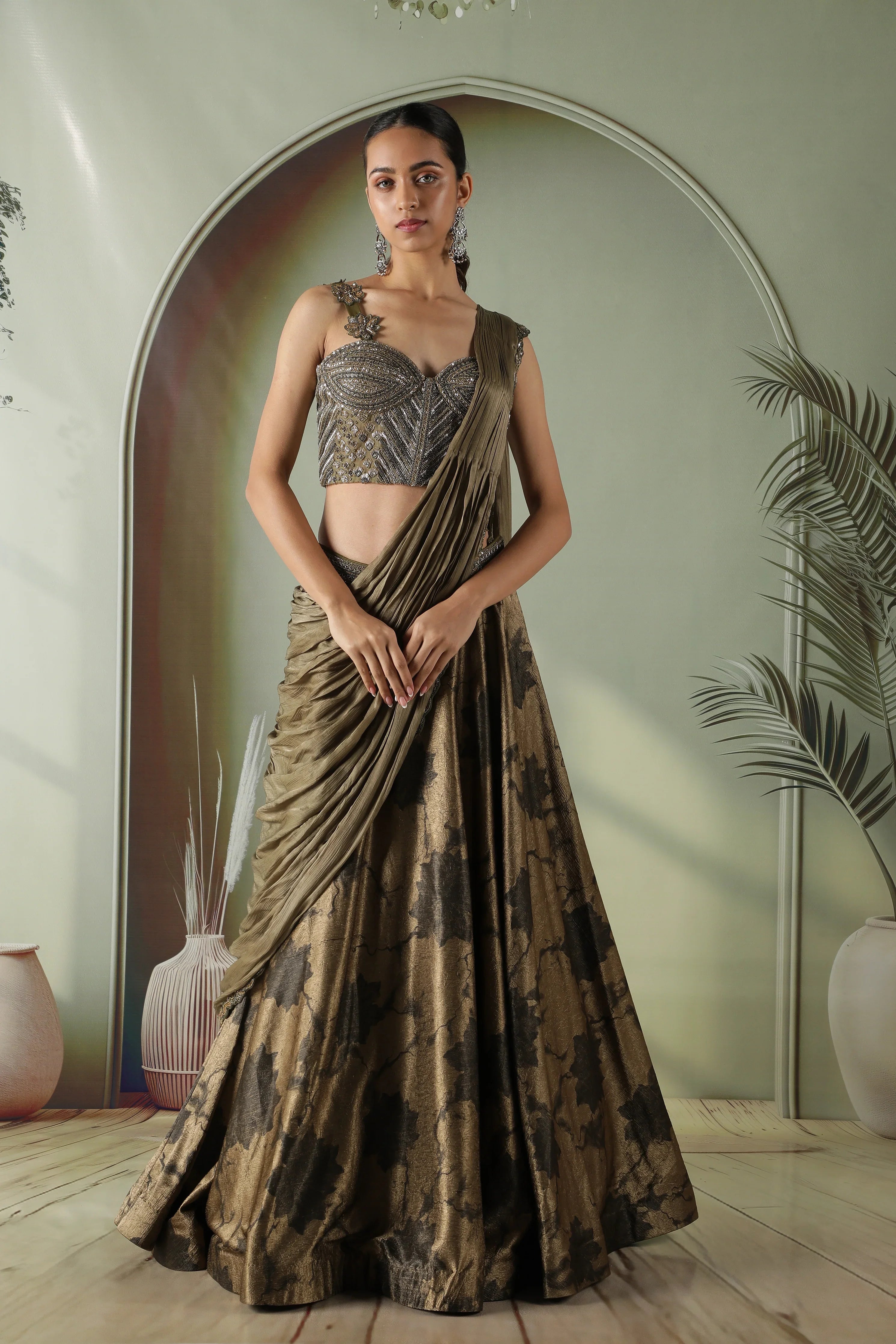 Olive Green Printed Textured Silk Drape Lehenga - Mokshaa