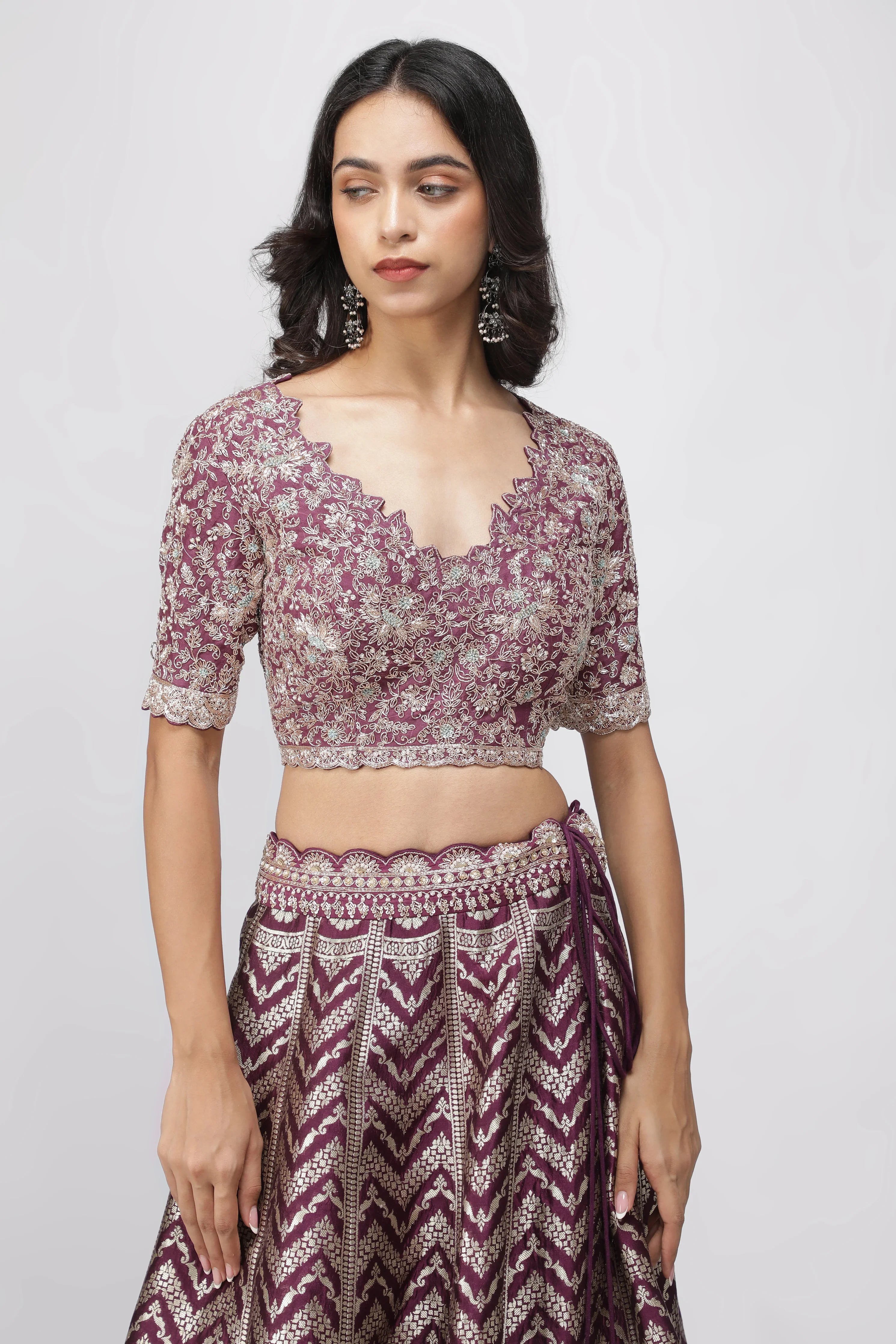 Violet Benarasi Silk Lehenga with Zardozi & French Knot Embroidery - Mokshaa