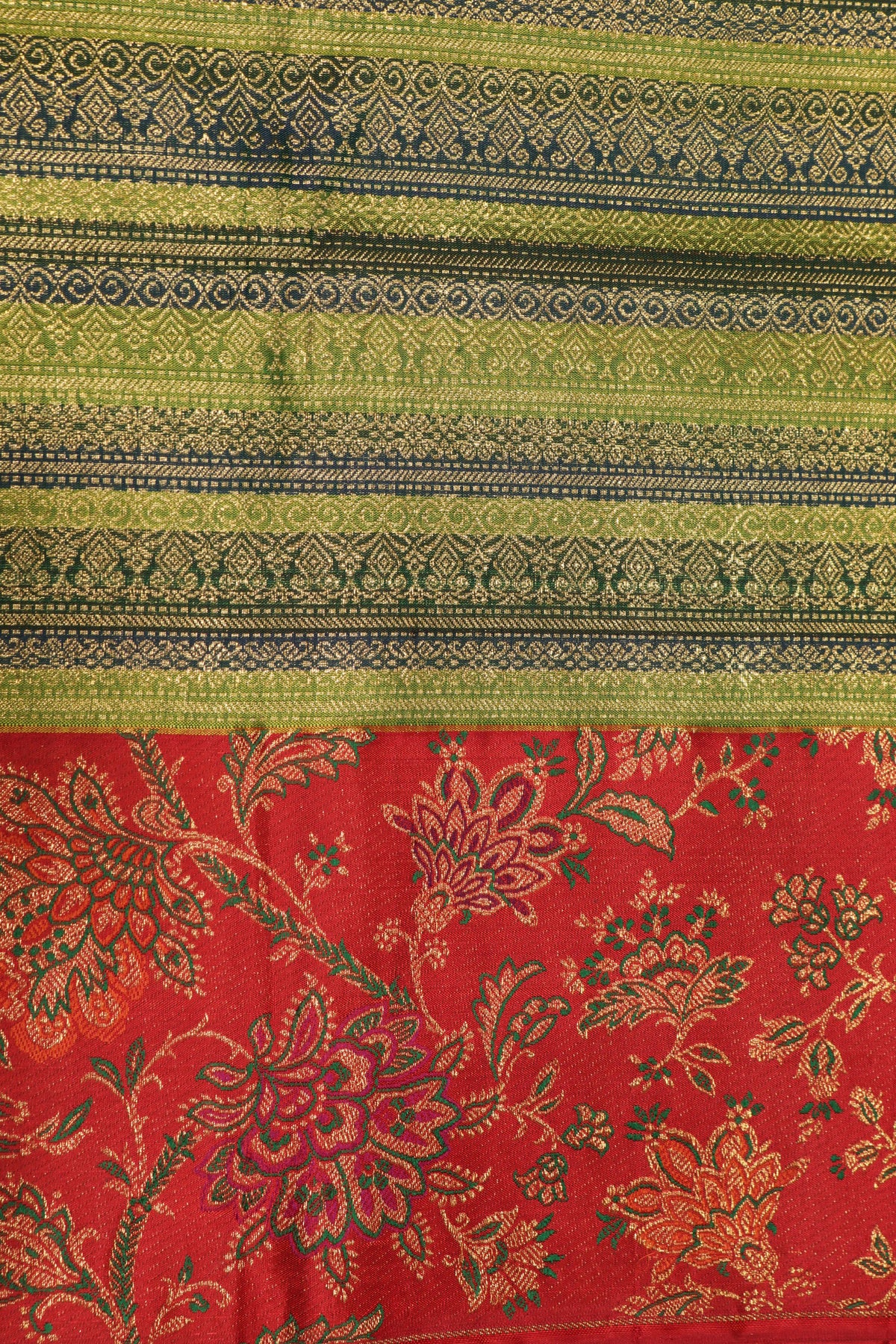 Green & Red Kanchivaram Brocade Silk Saree - Mokshaa
