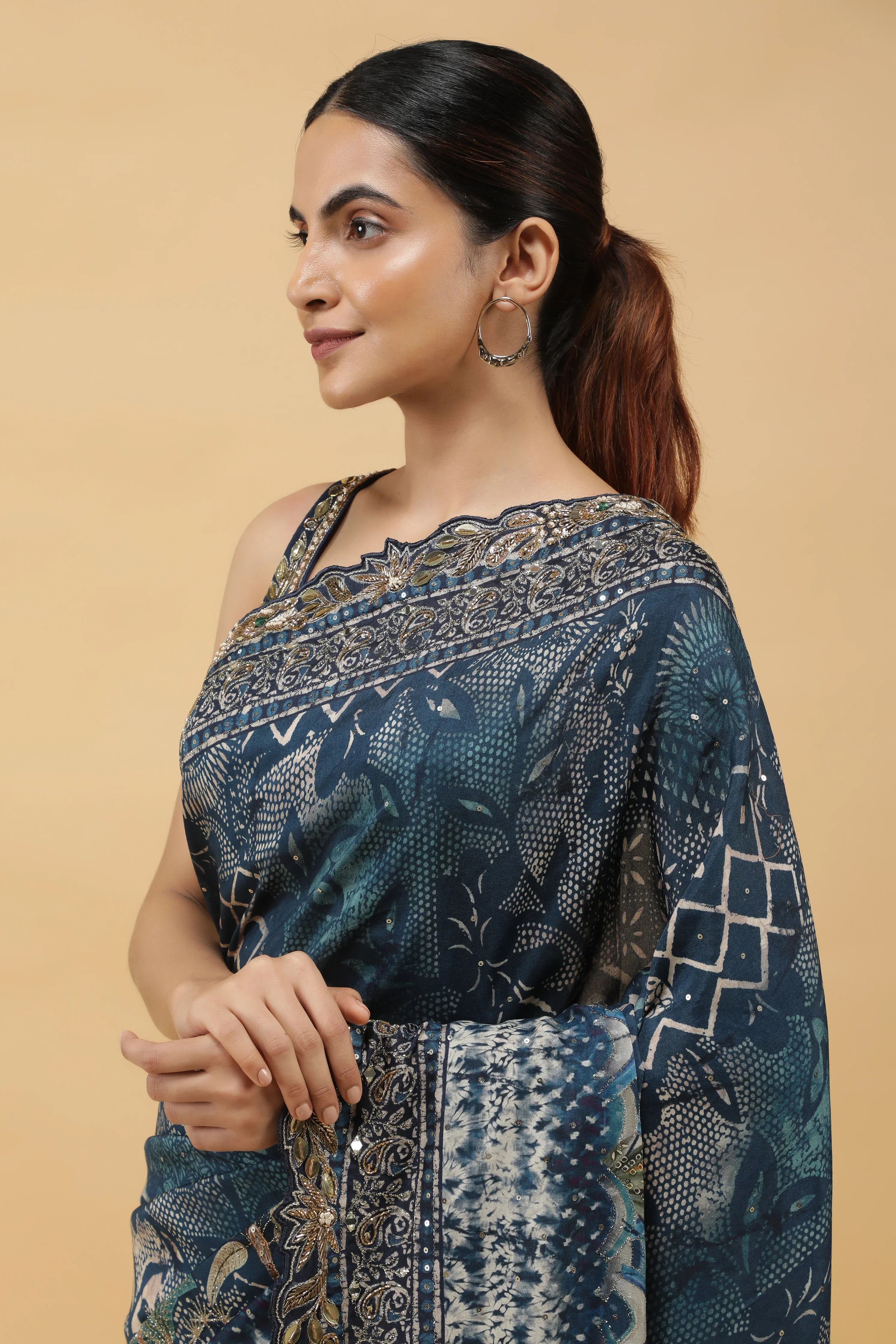 Steel Blue Crepe Silk Saree with Digital Print & Aari Embroidery - Mokshaa