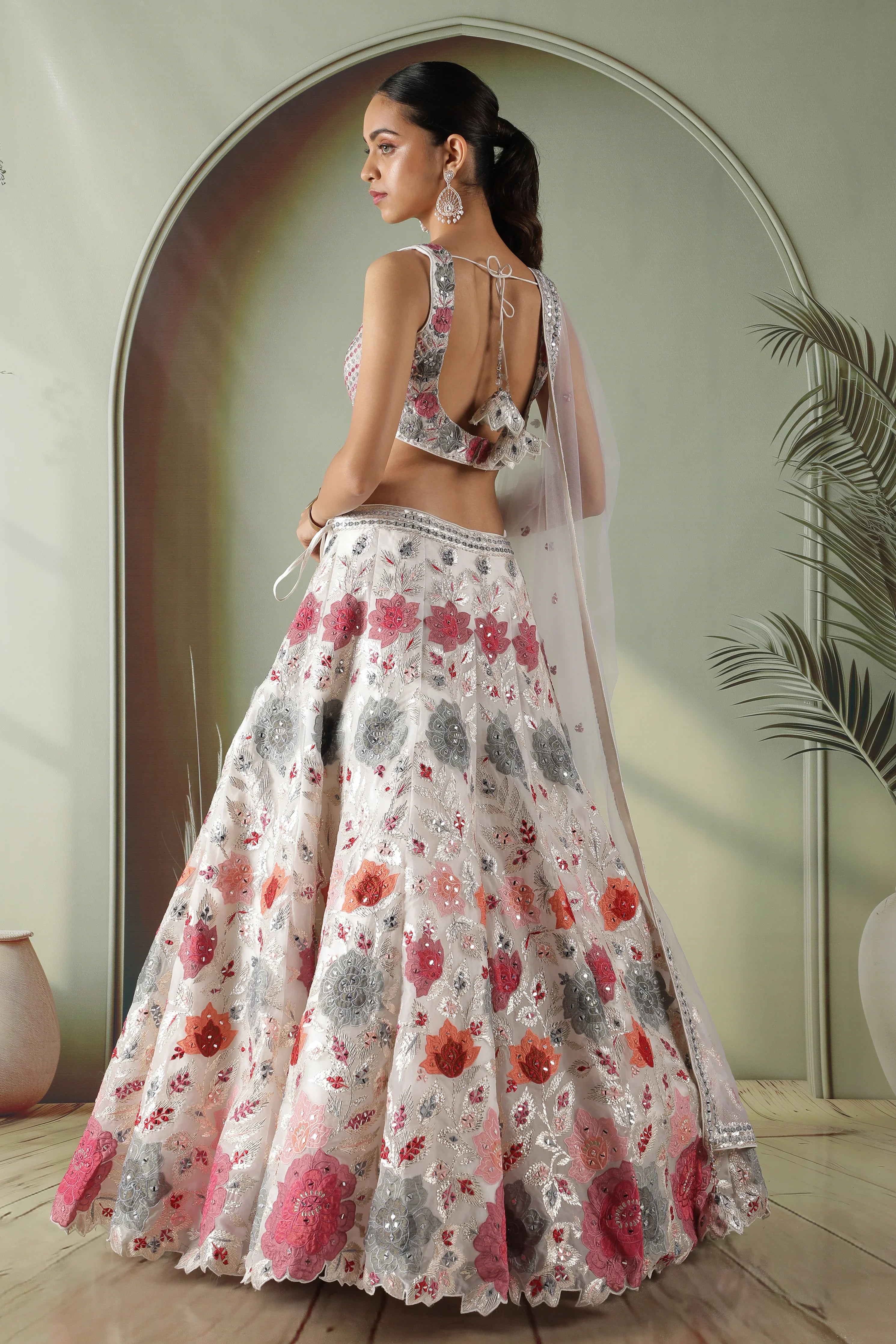 Ivory Organza Multicolor Appliqu茅Embroidered Lehenga Set - Mokshaa
