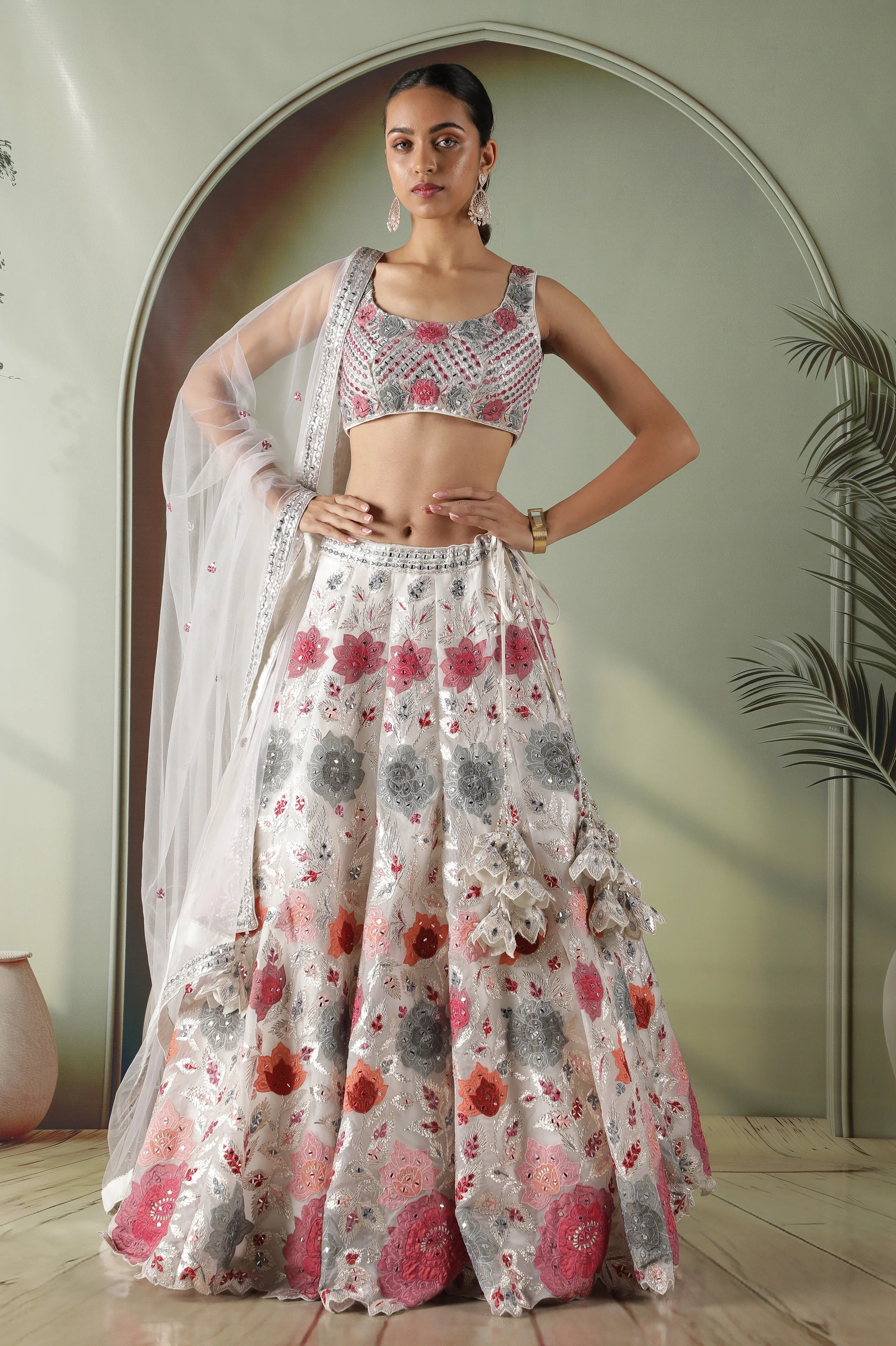 Ivory Organza Multicolor Appliqu茅Embroidered Lehenga Set - Mokshaa