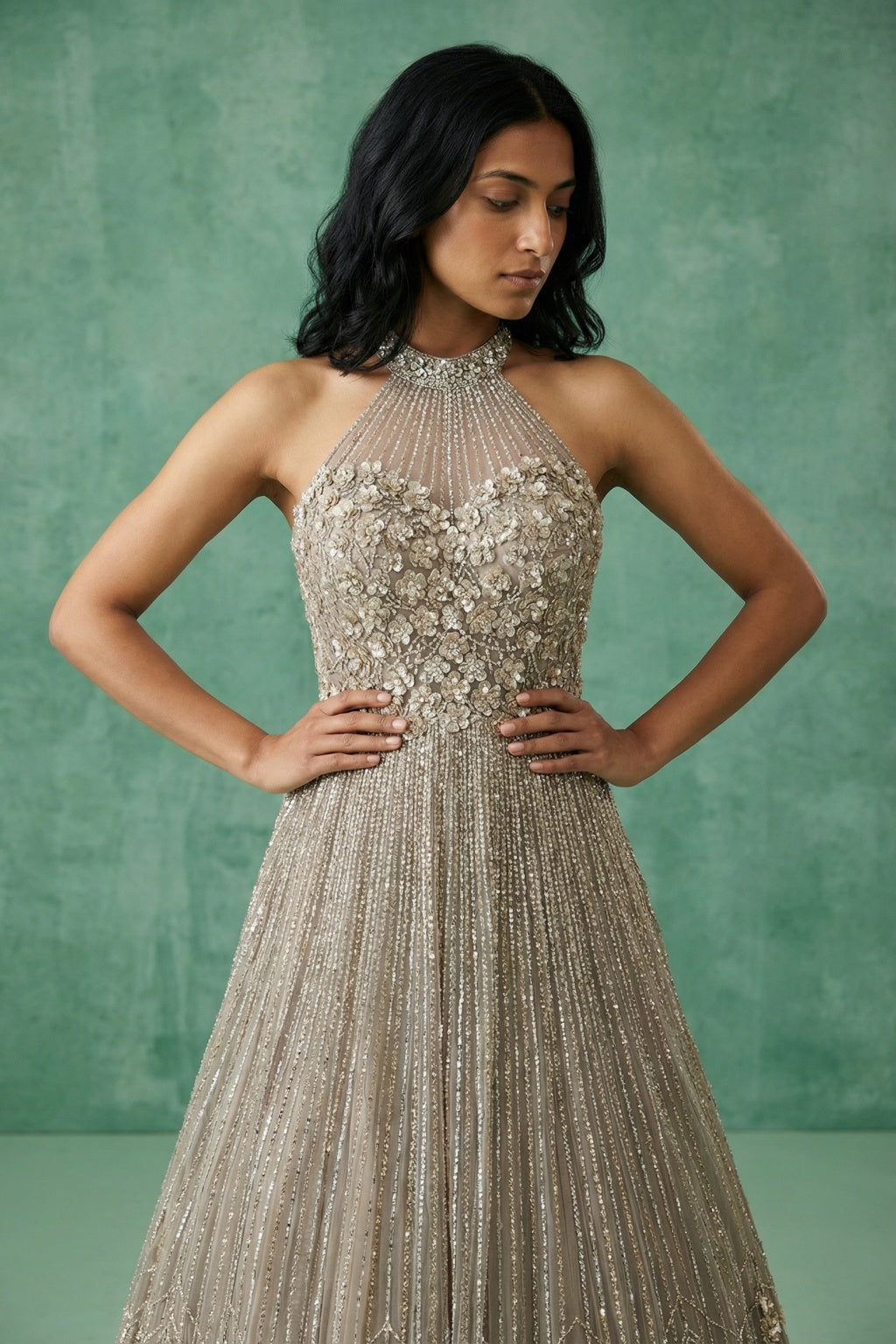 Champagne Net Halter Neck Gown - Mokshaa