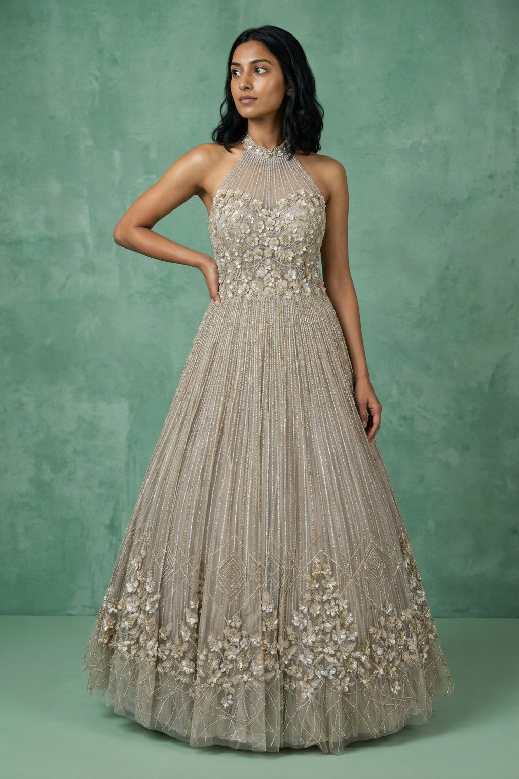 Champagne Net Halter Neck Gown - Mokshaa