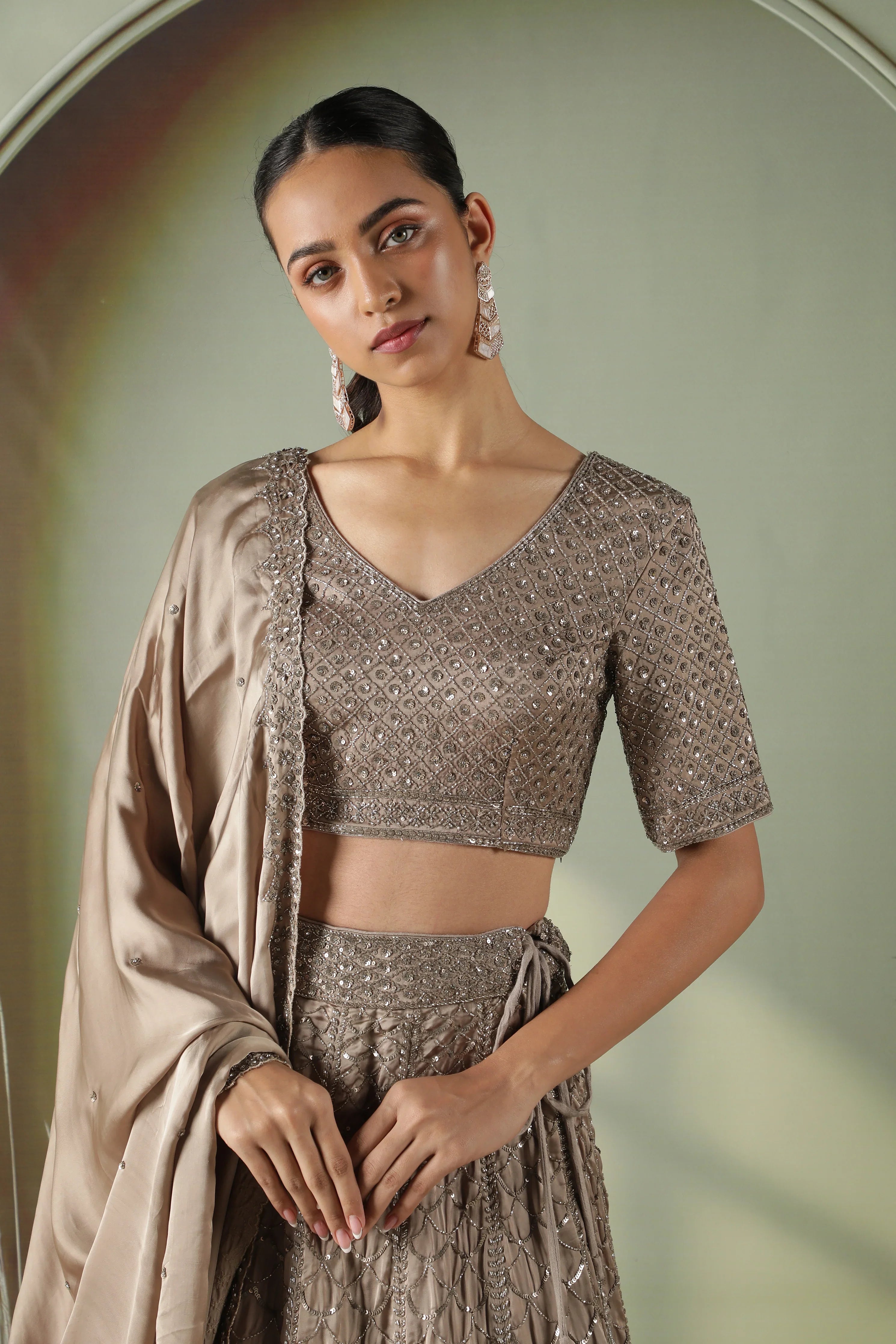 Mocha Satin Silk Lehenga Set - Mokshaa
