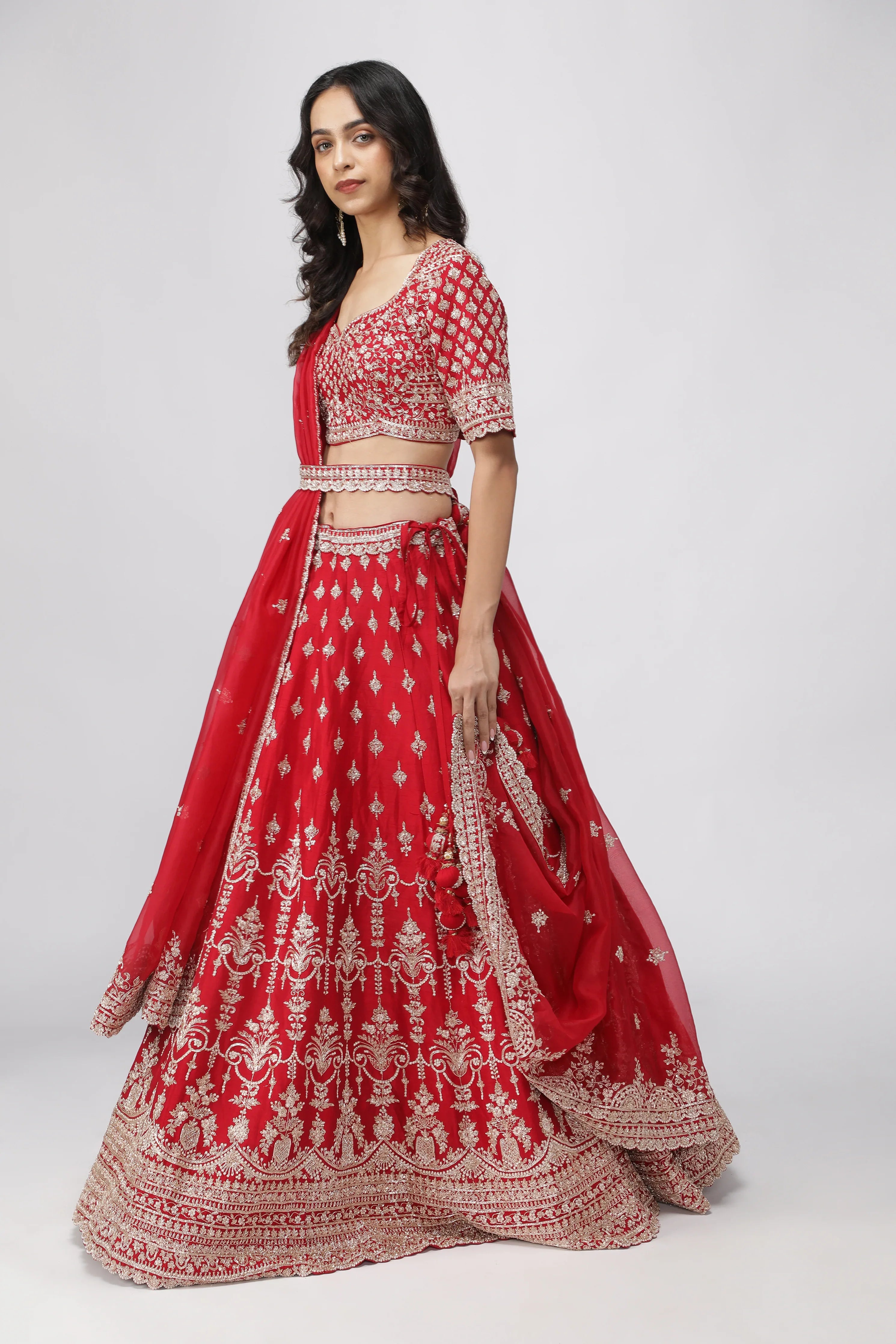 Opulent Red Raw Silk Bridal Lehenga Set - Mokshaa