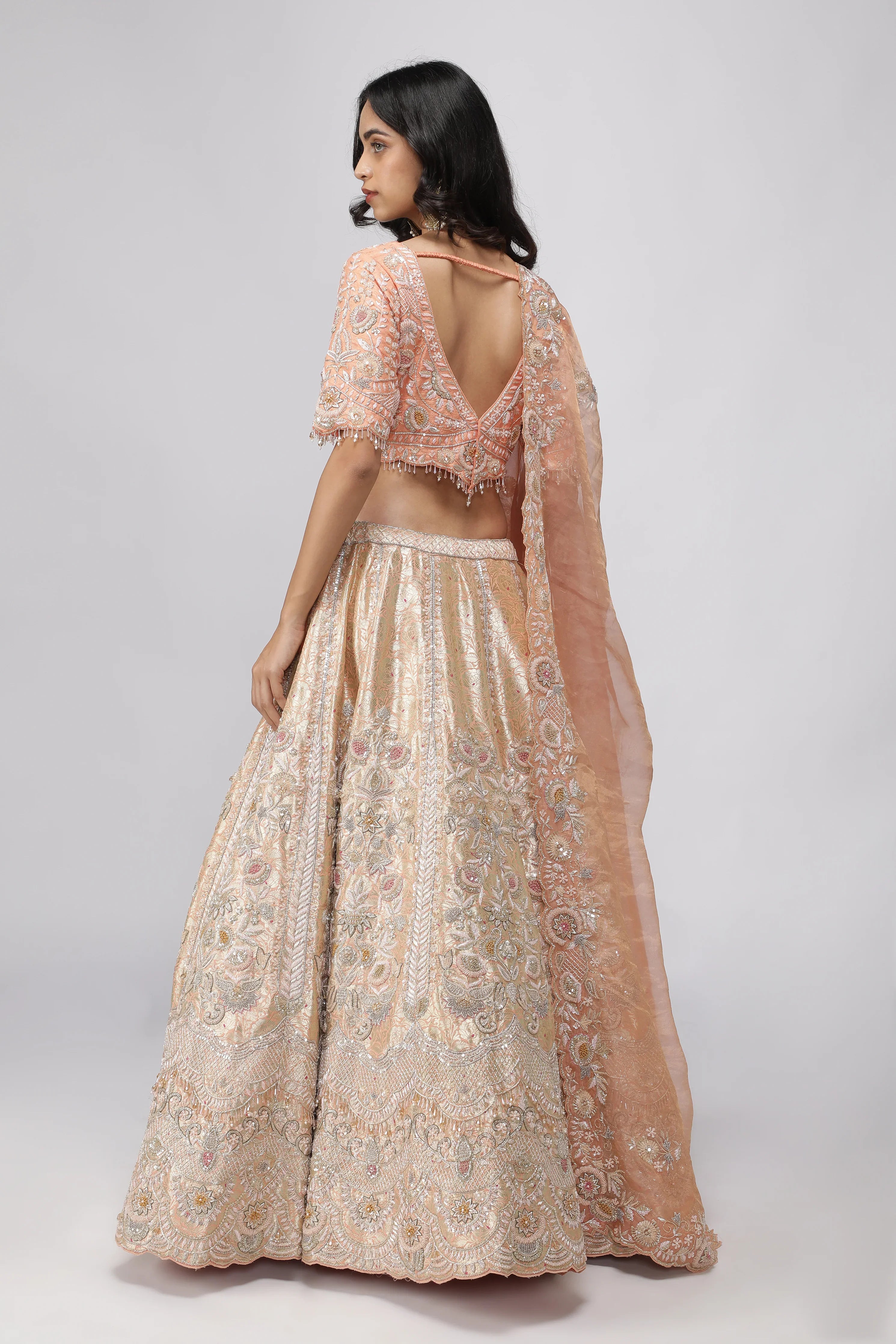 Peach Banarasi Silk Lehenga Set - Mokshaa