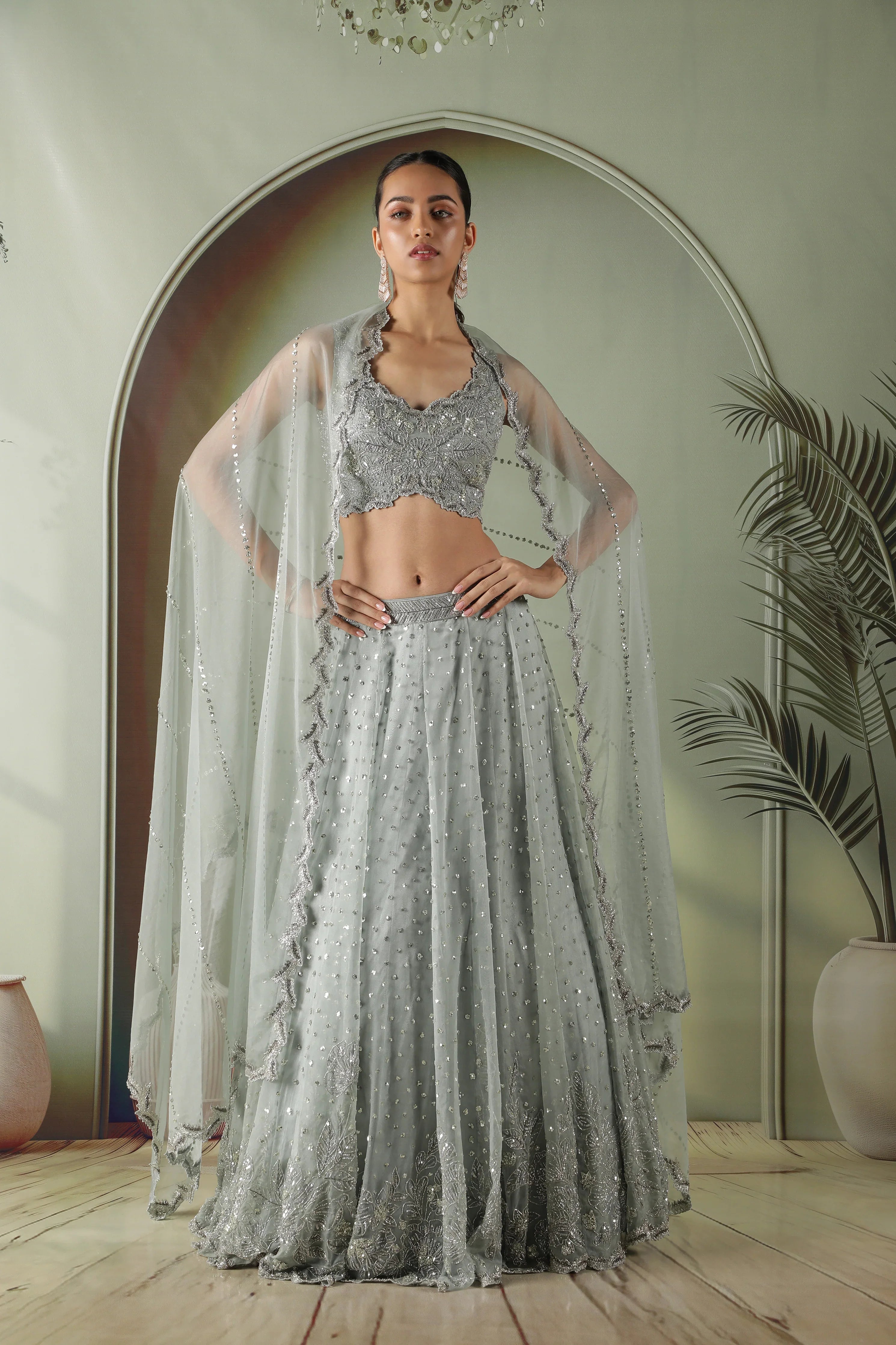 Ice Blue Organza Lehenga Set - Mokshaa