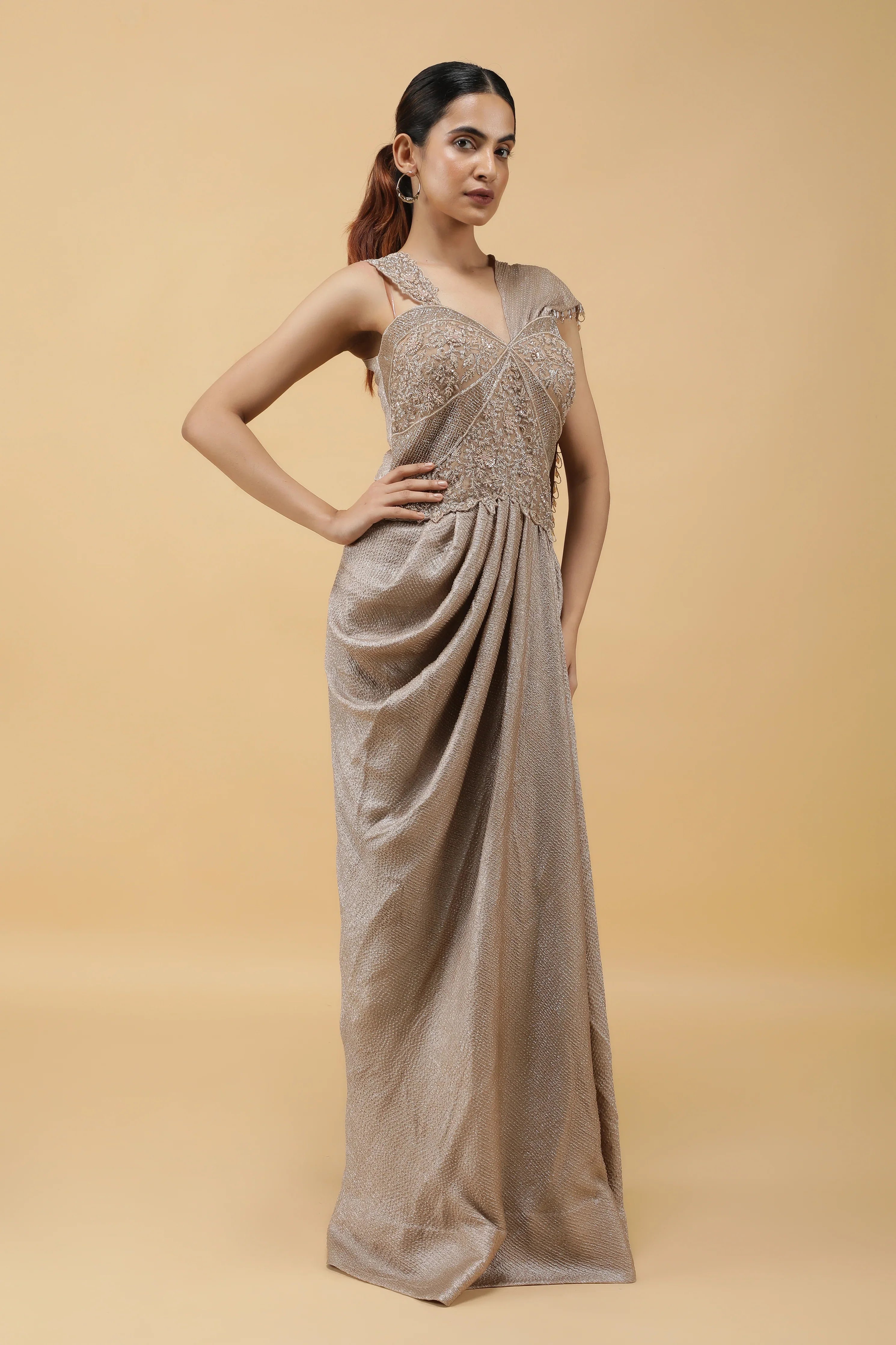 Champagne Radiance Kutdana Embroidered Crushed Draped Gown - Mokshaa