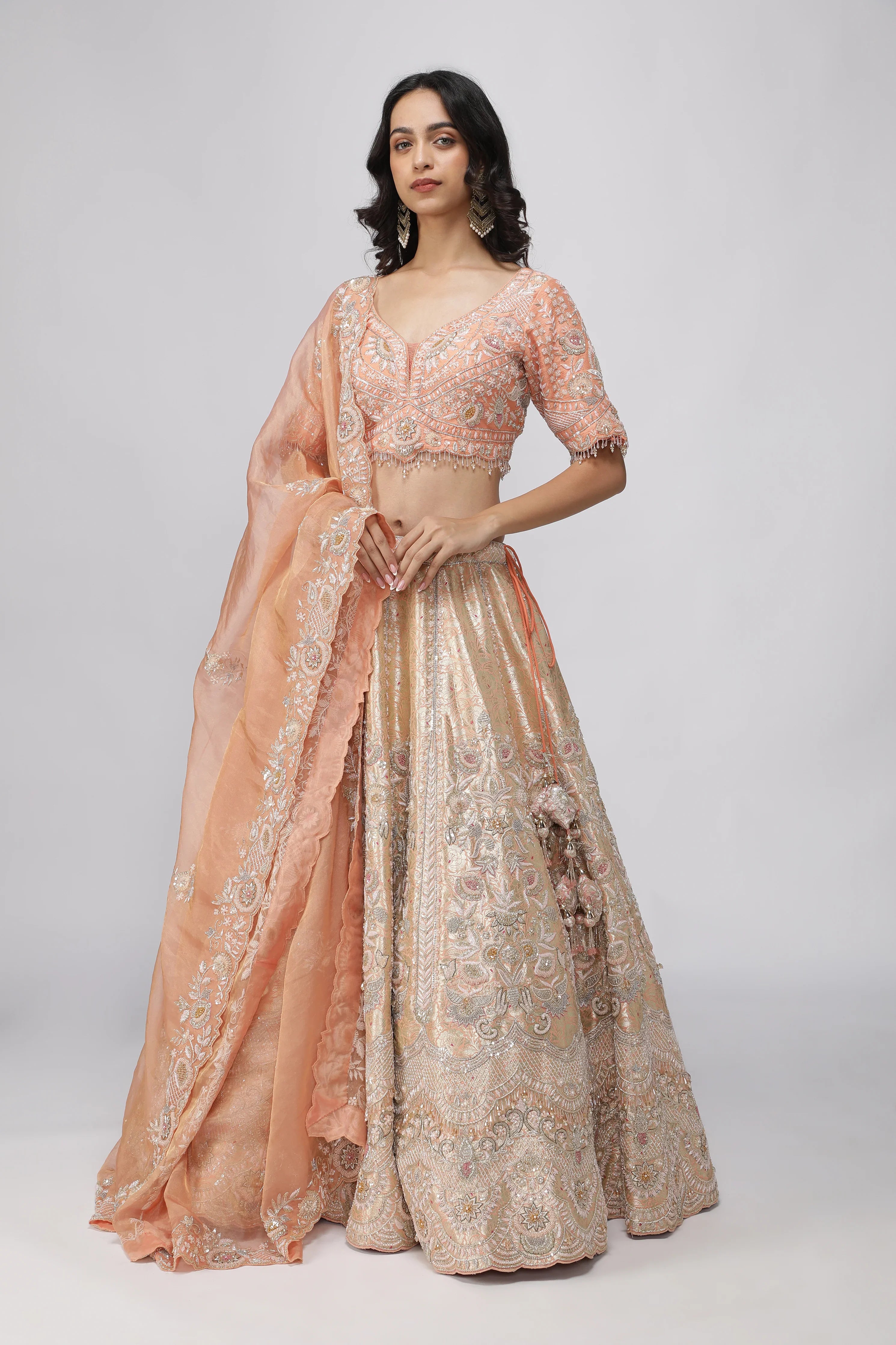 Peach Banarasi Silk Lehenga Set - Mokshaa