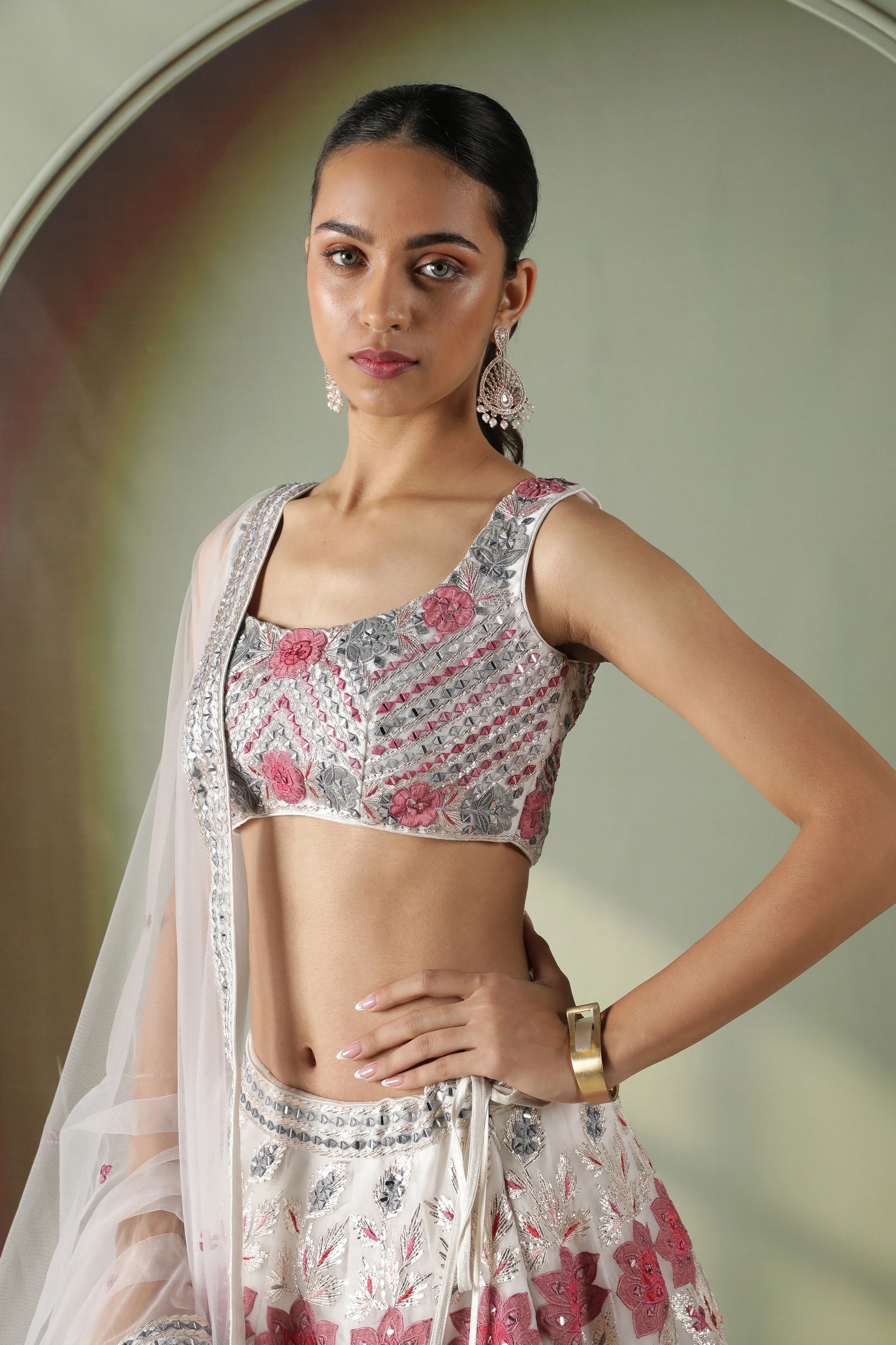 Ivory Organza Multicolor Appliqu茅Embroidered Lehenga Set - Mokshaa