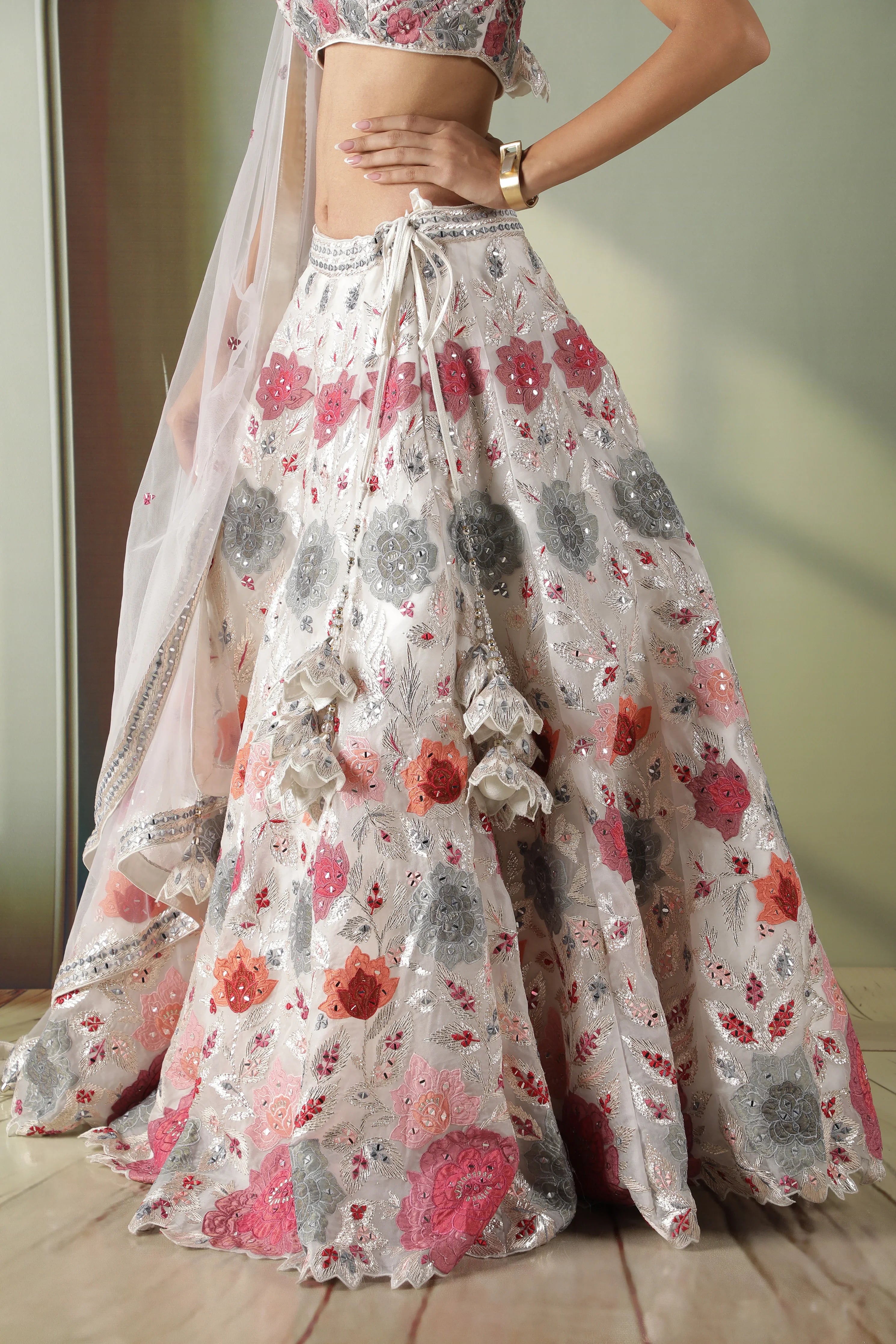 Ivory Organza Multicolor Appliqu茅Embroidered Lehenga Set - Mokshaa