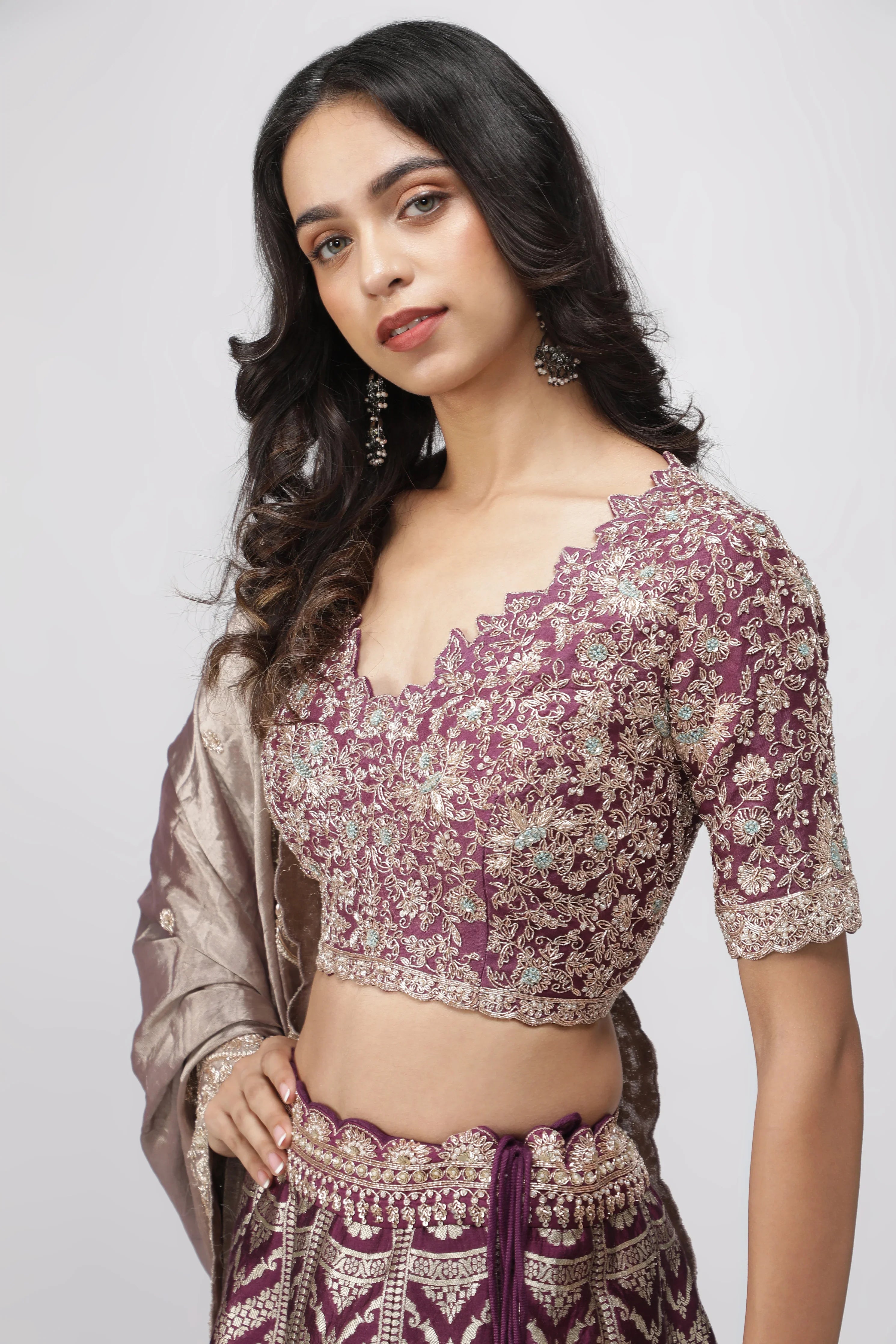 Violet Benarasi Silk Lehenga with Zardozi & French Knot Embroidery - Mokshaa