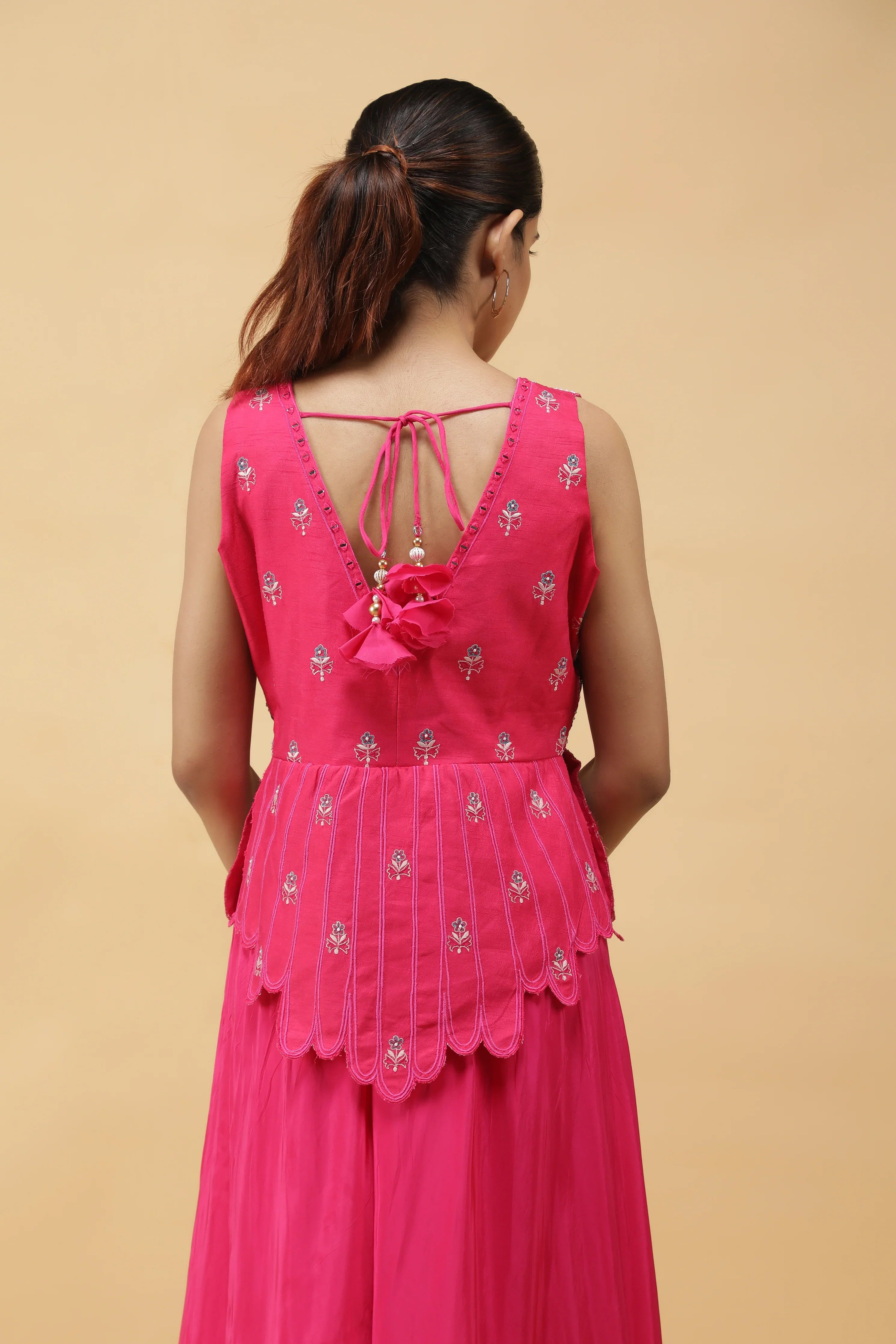 Fuchsia Petal AppliquéSilk Top & Palazzo Pant Set - Mokshaa