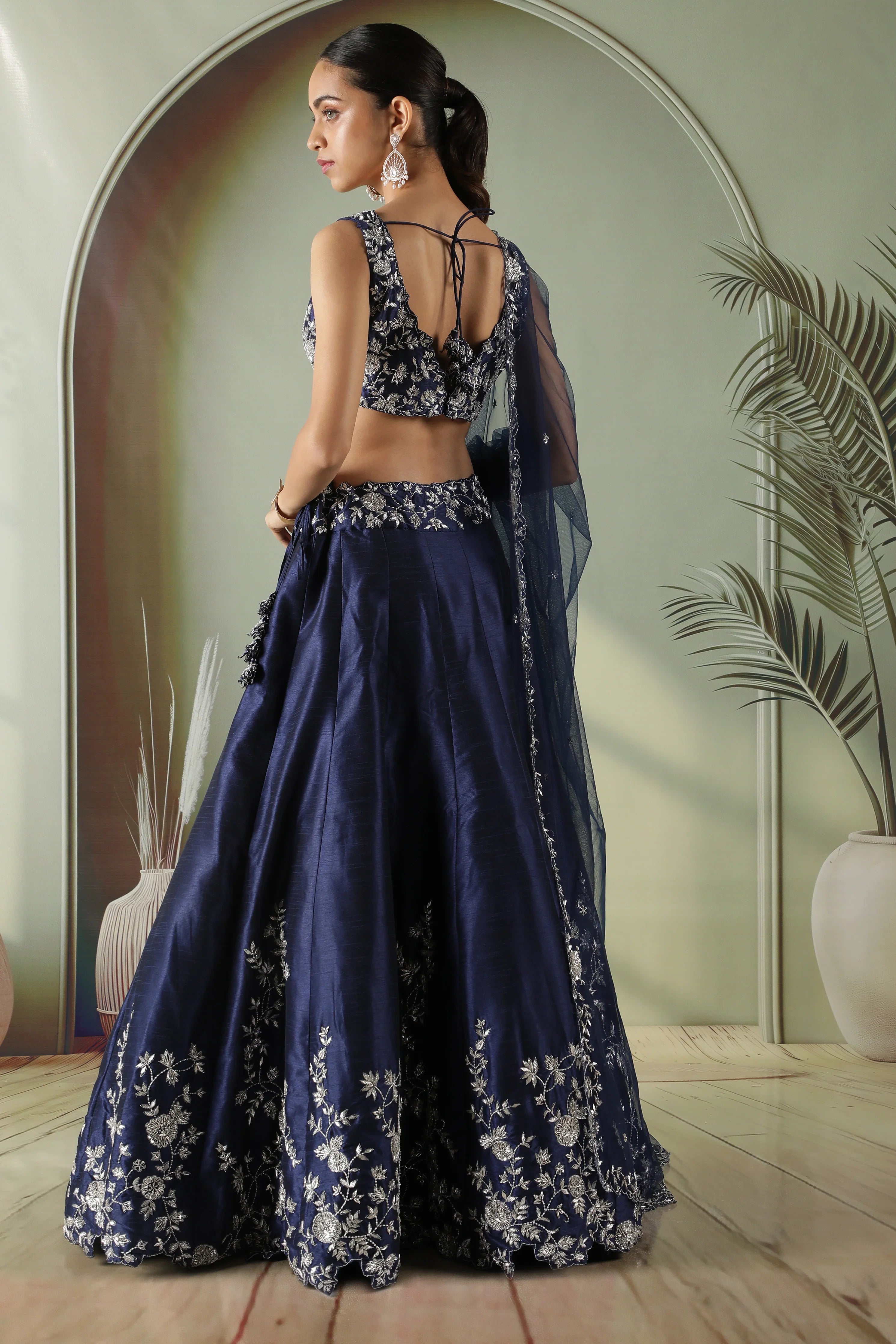 Navy Blue Raw Silk Embroidered Lehenga Set - Mokshaa