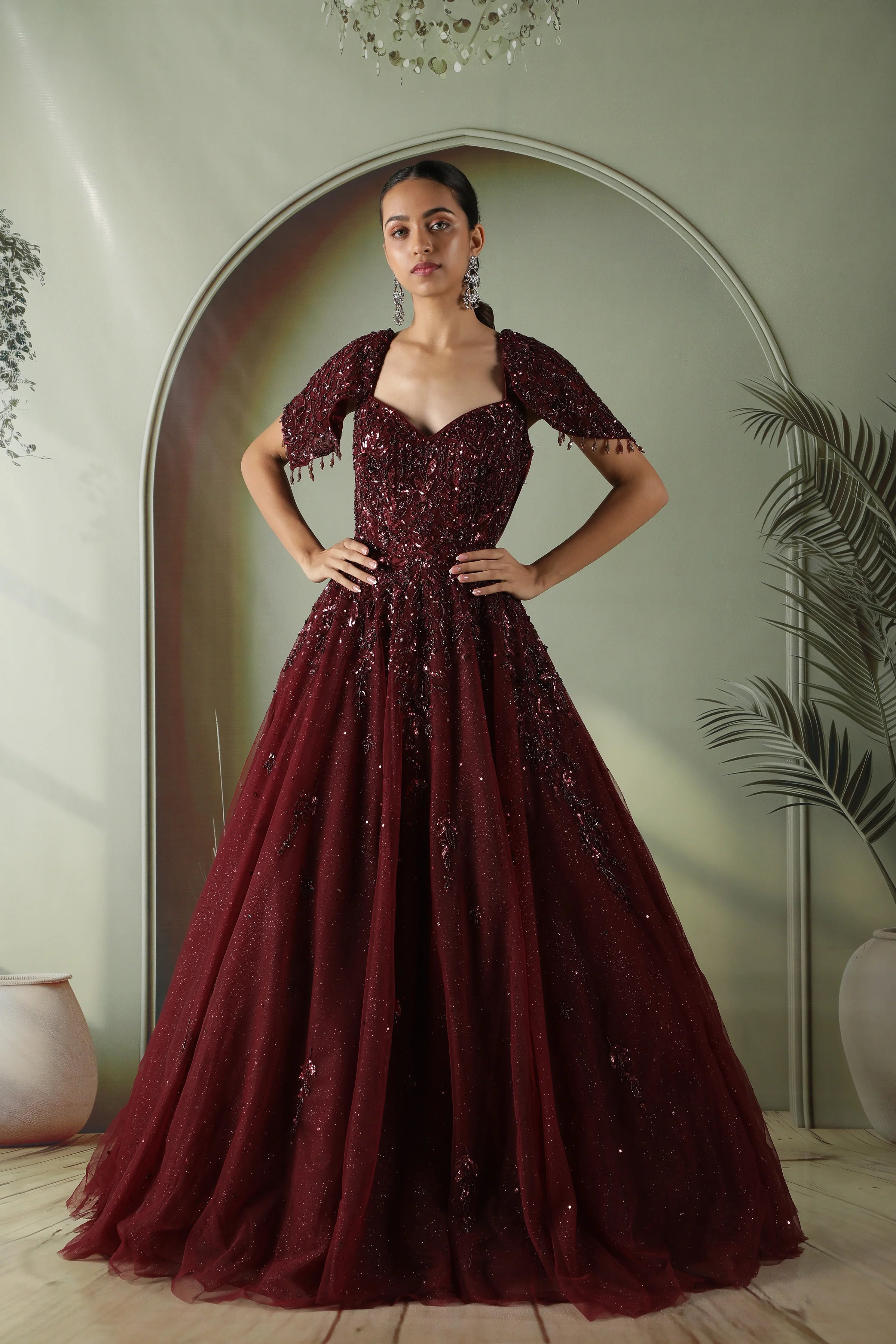 Maroon Net Gown with Sequin, Pearl & Cutdana Embroidery - Mokshaa