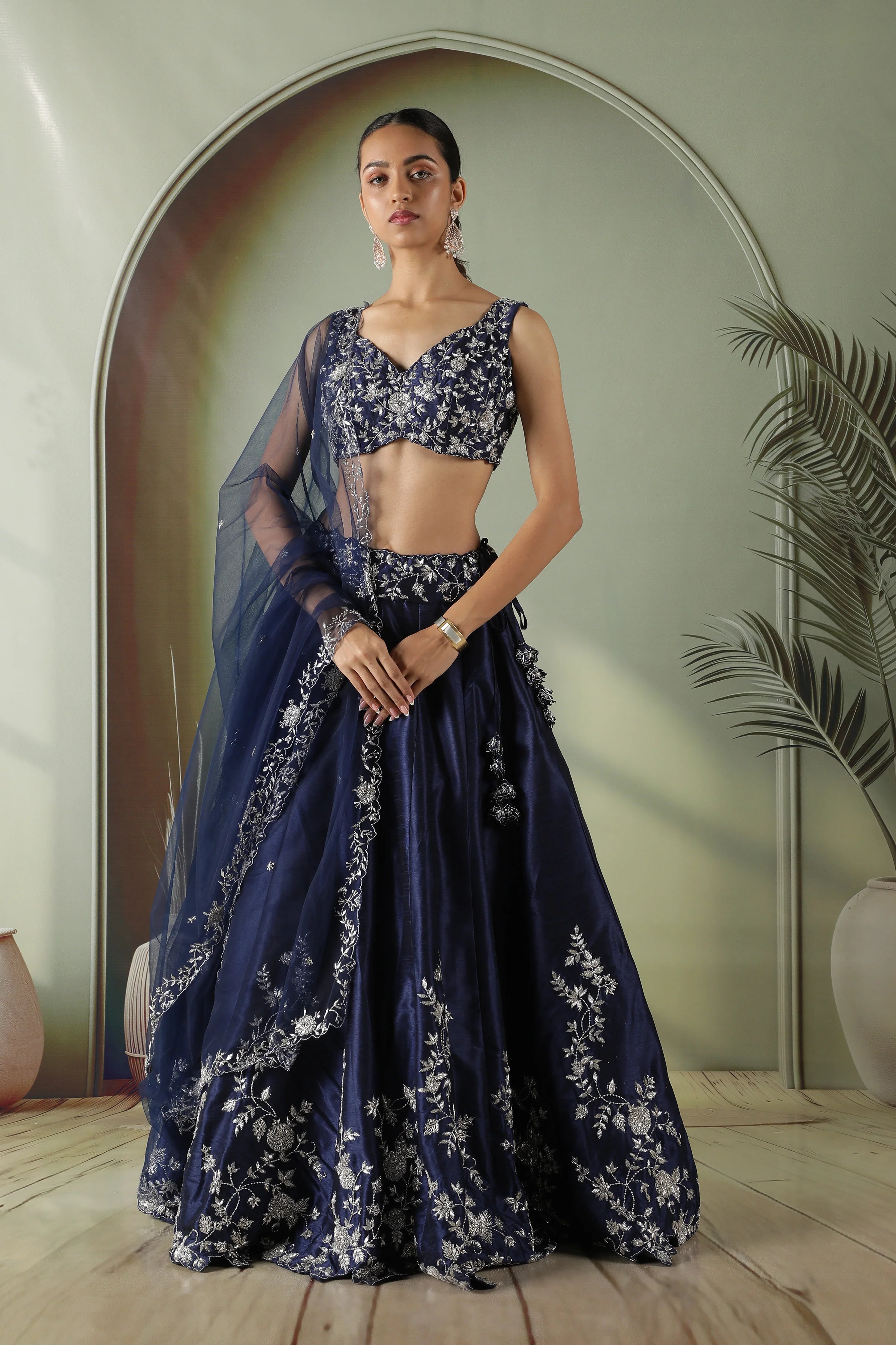 Navy Blue Raw Silk Embroidered Lehenga Set - Mokshaa