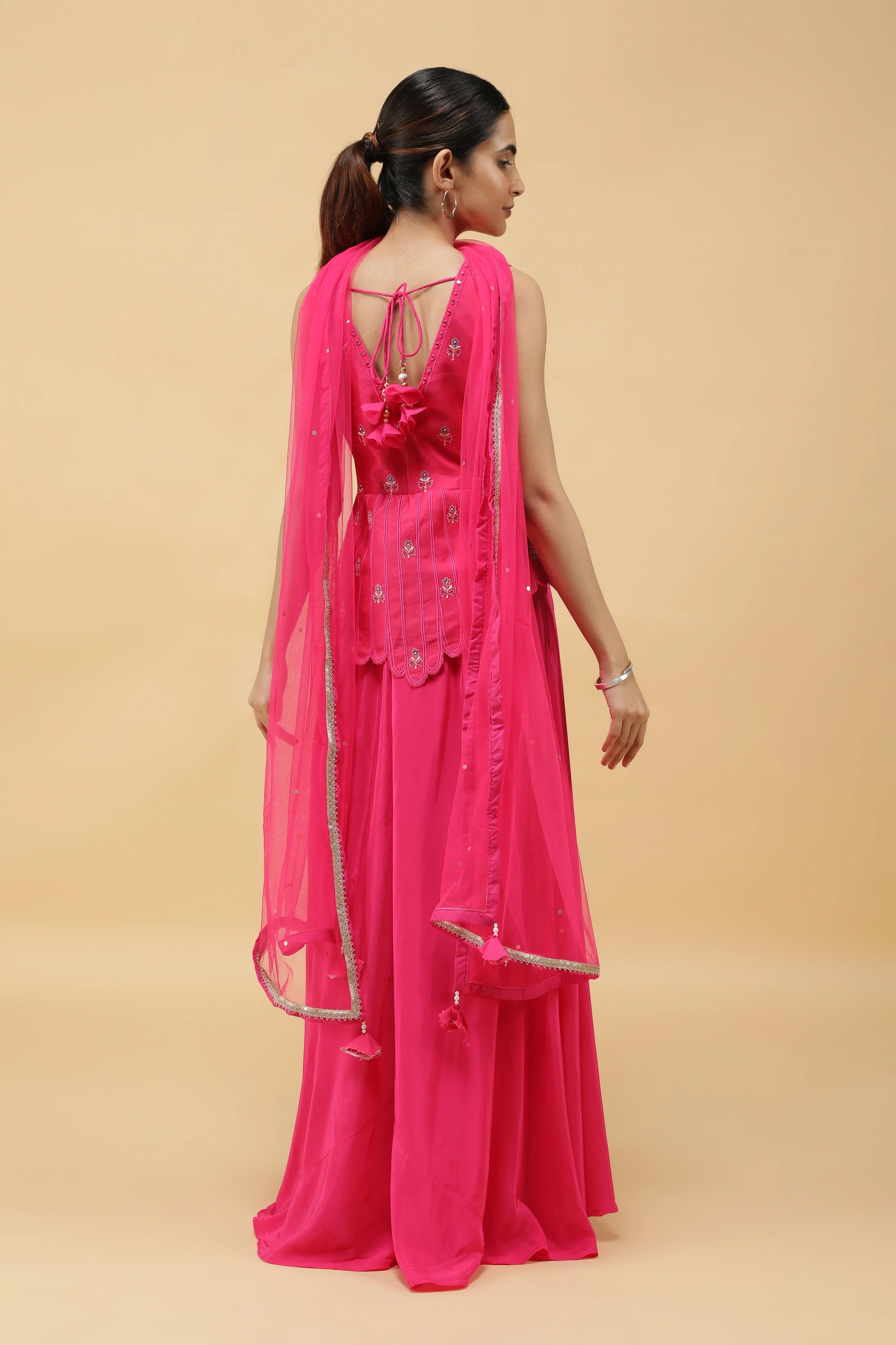 Fuchsia Petal AppliquéSilk Top & Palazzo Pant Set - Mokshaa