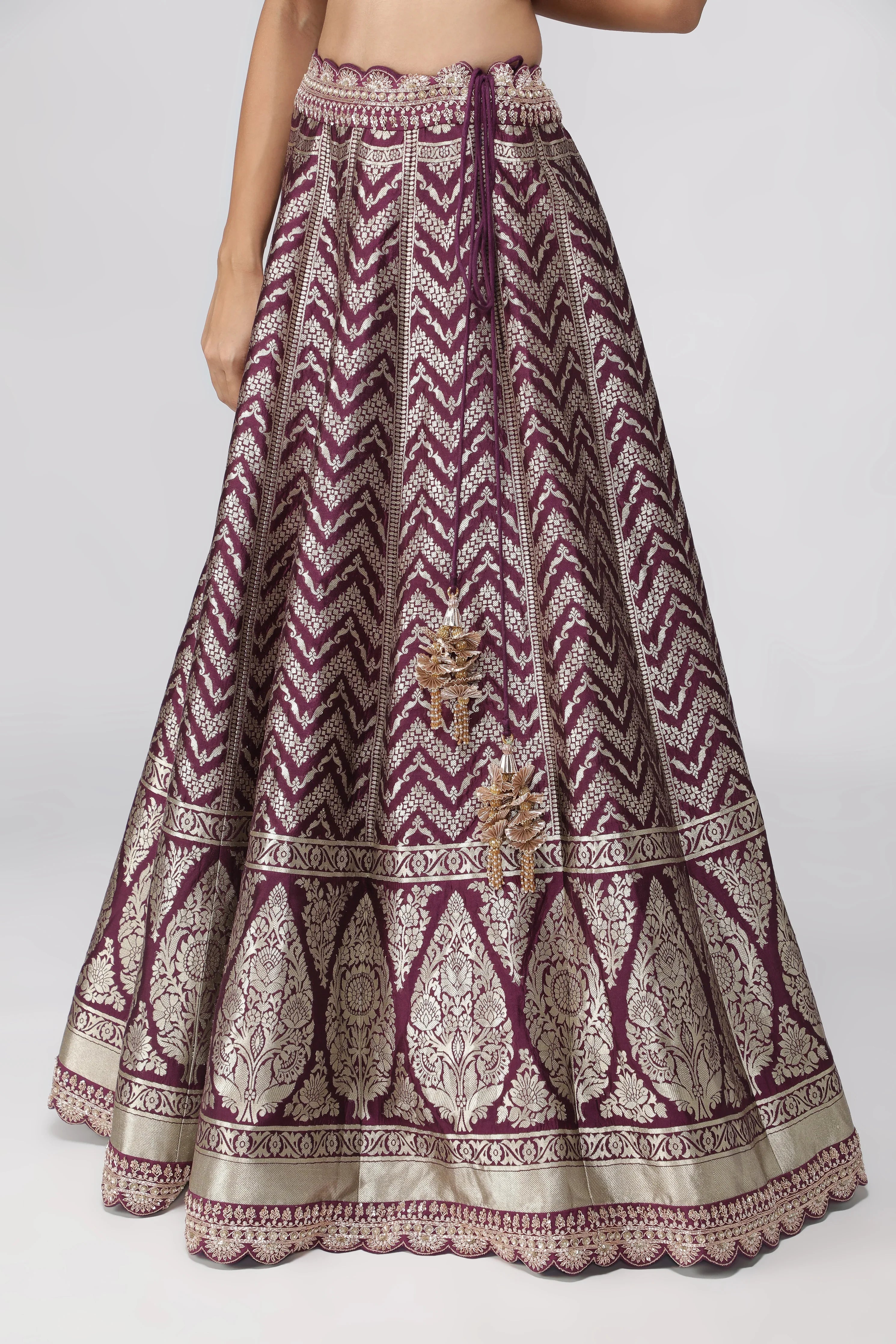 Violet Benarasi Silk Lehenga with Zardozi & French Knot Embroidery - Mokshaa