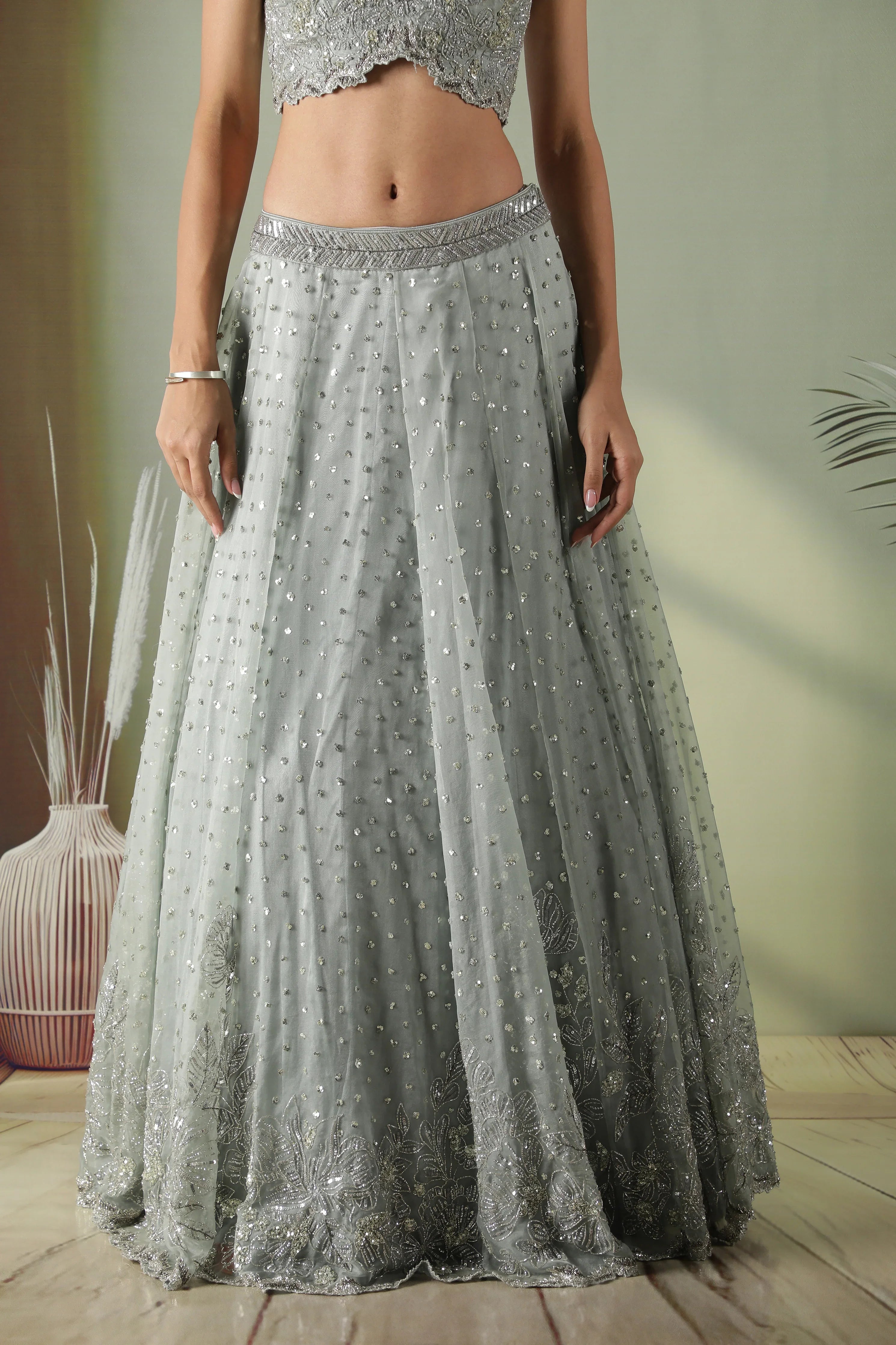 Ice Blue Organza Lehenga Set - Mokshaa