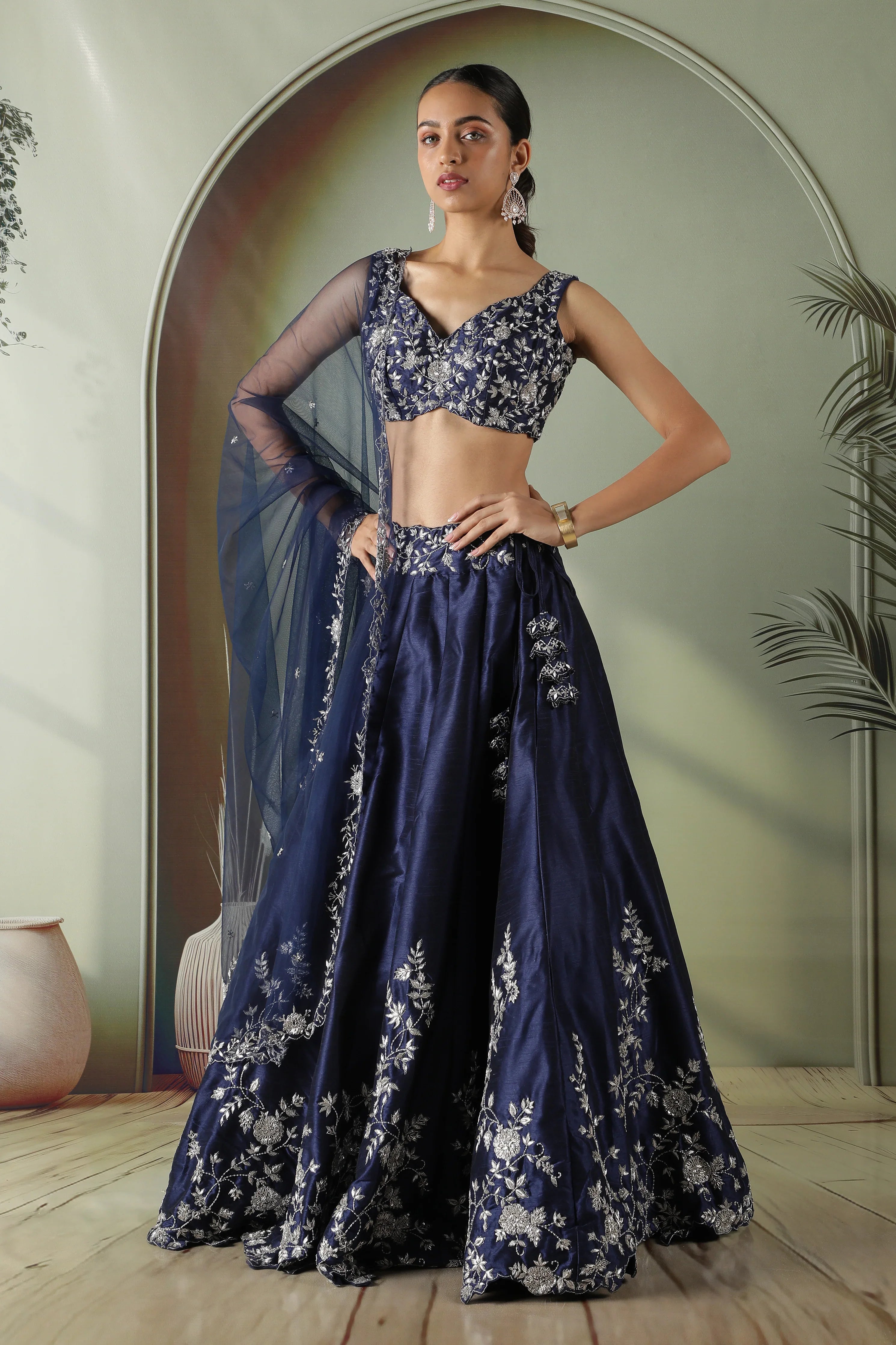 Navy Blue Raw Silk Embroidered Lehenga Set - Mokshaa