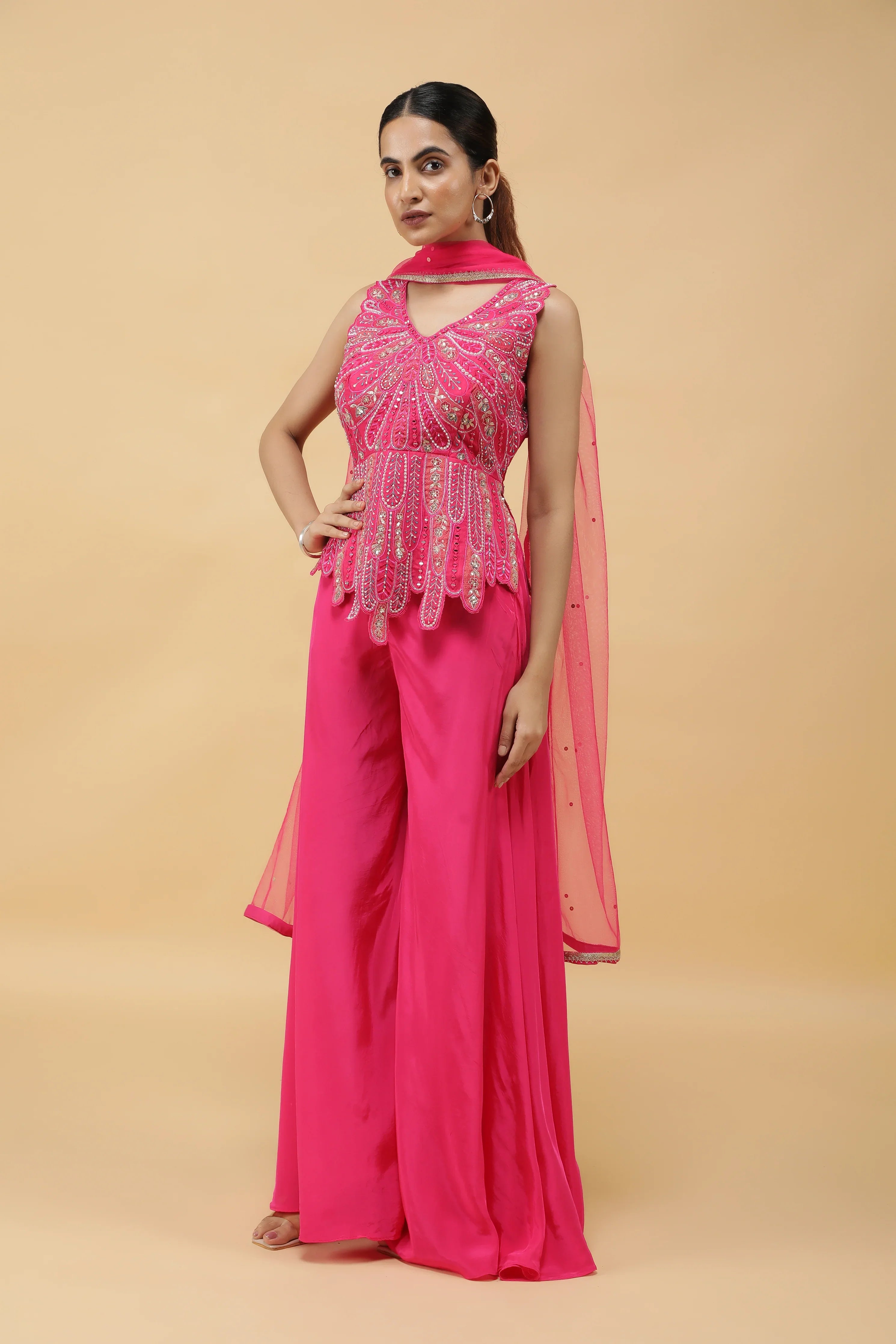 Fuchsia Petal AppliquéSilk Top & Palazzo Pant Set - Mokshaa
