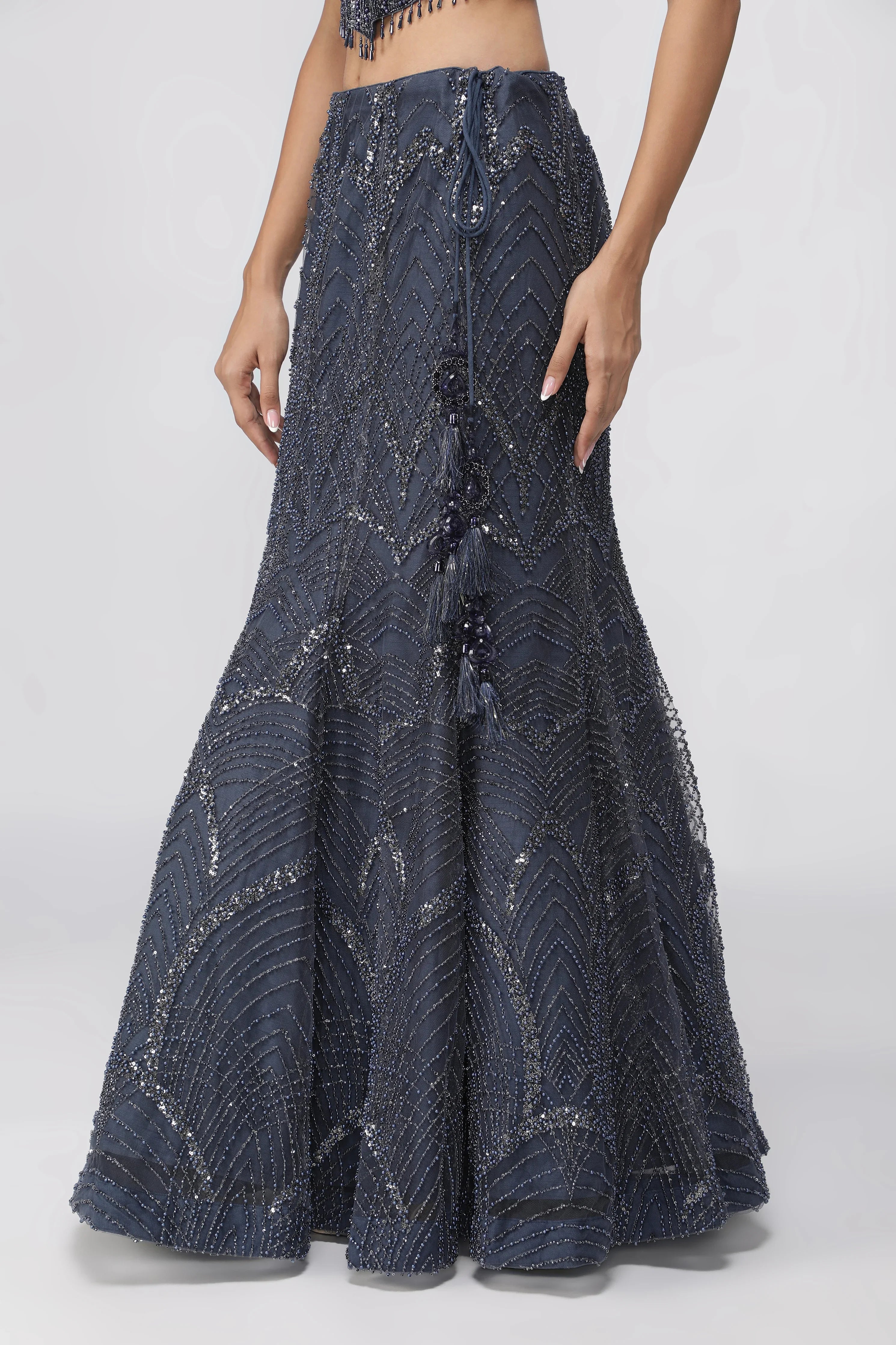 Blue Net Mermaid Lehenga with Embroidered Corset Blouse - Mokshaa