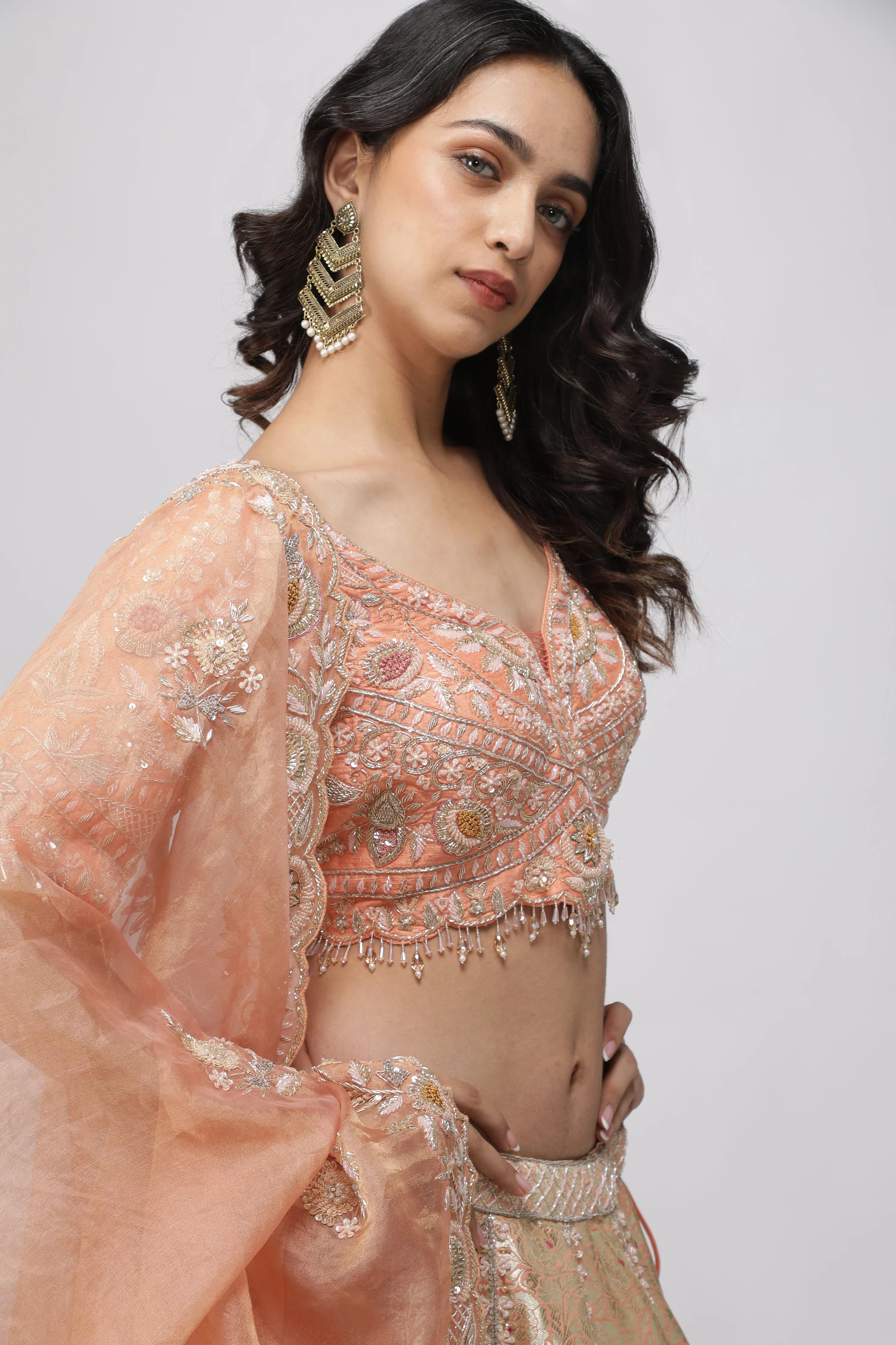 Peach Banarasi Silk Lehenga Set - Mokshaa