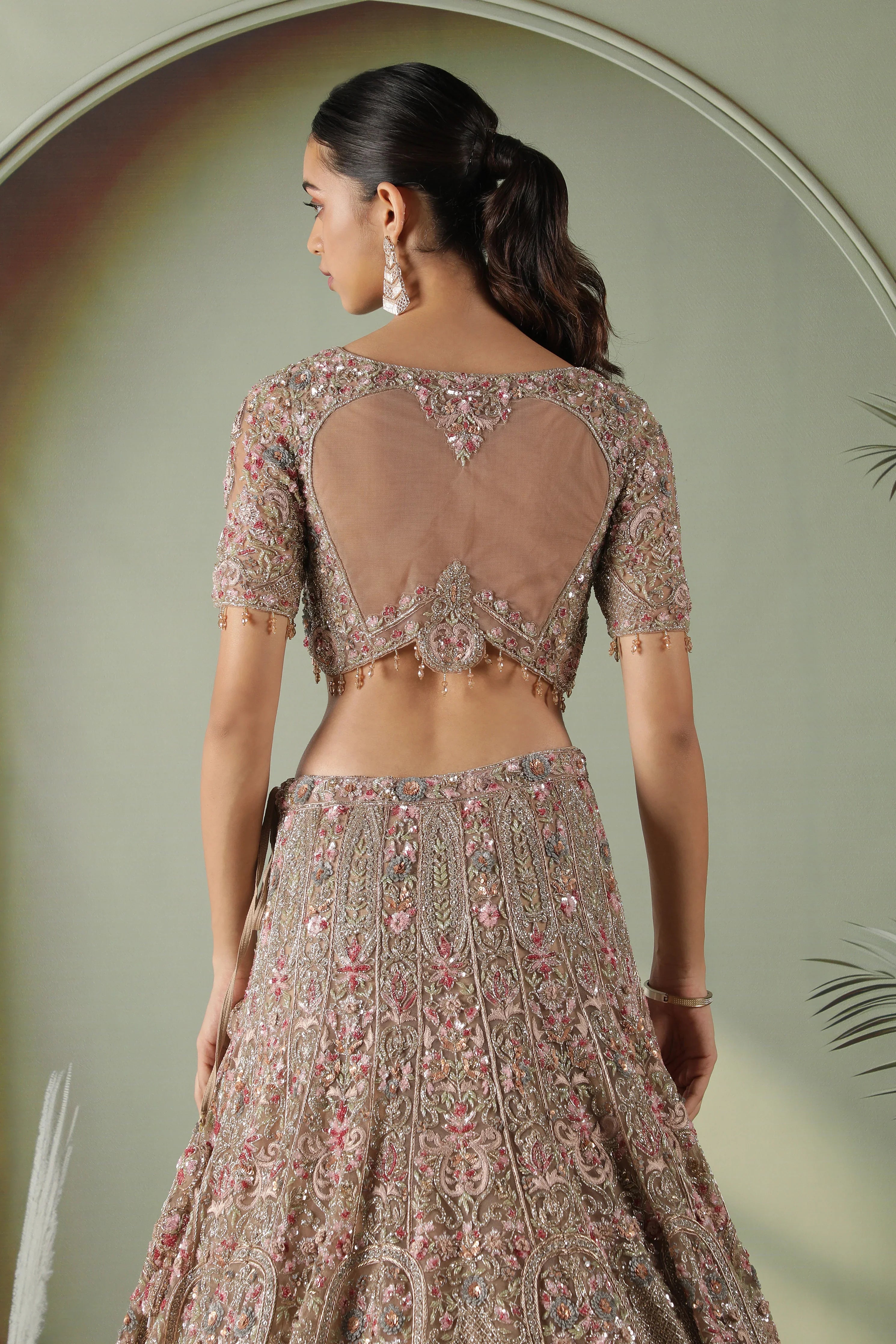 Mocha Taupe Multi-Color Embroidered Net Lehenga Set - Mokshaa