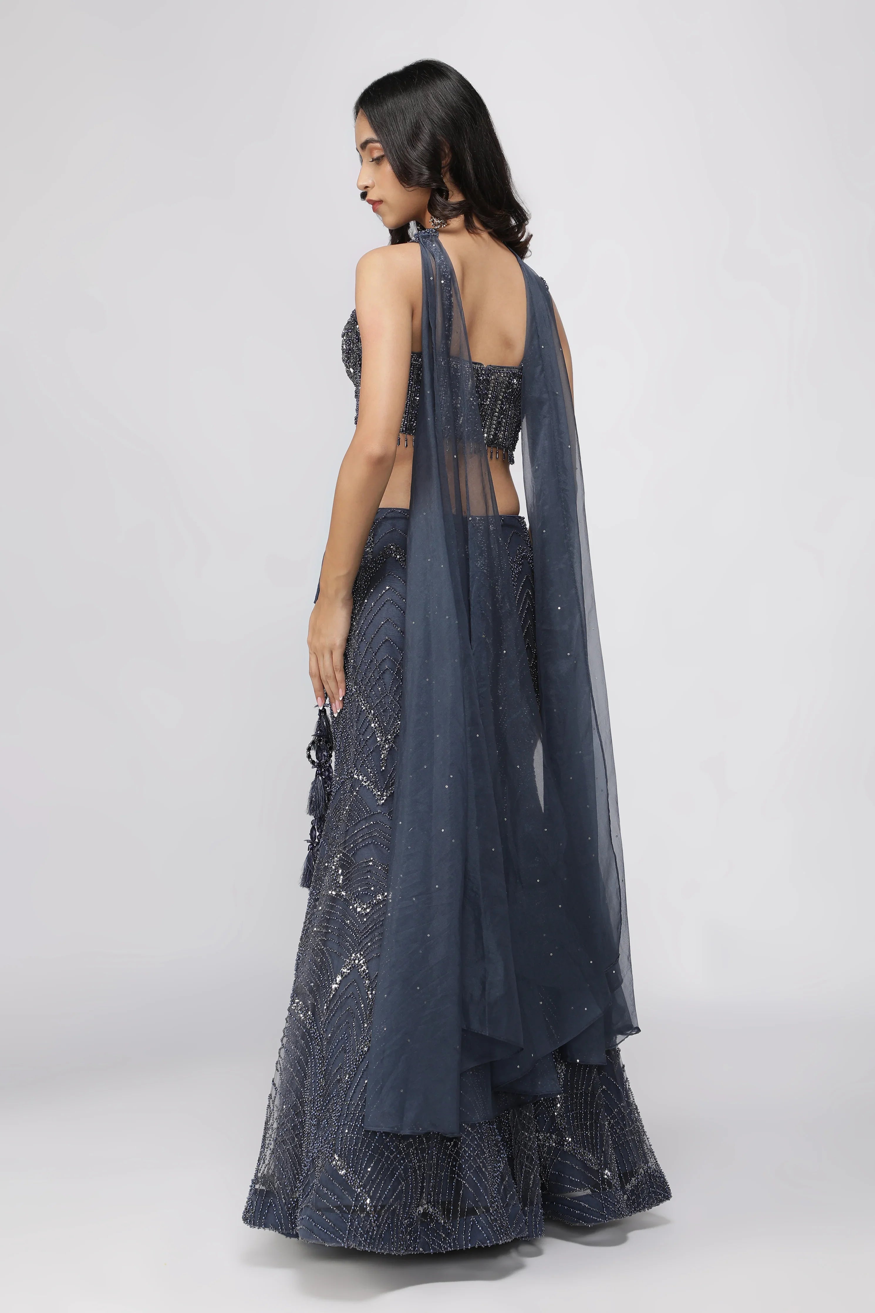 Blue Net Mermaid Lehenga with Embroidered Corset Blouse - Mokshaa
