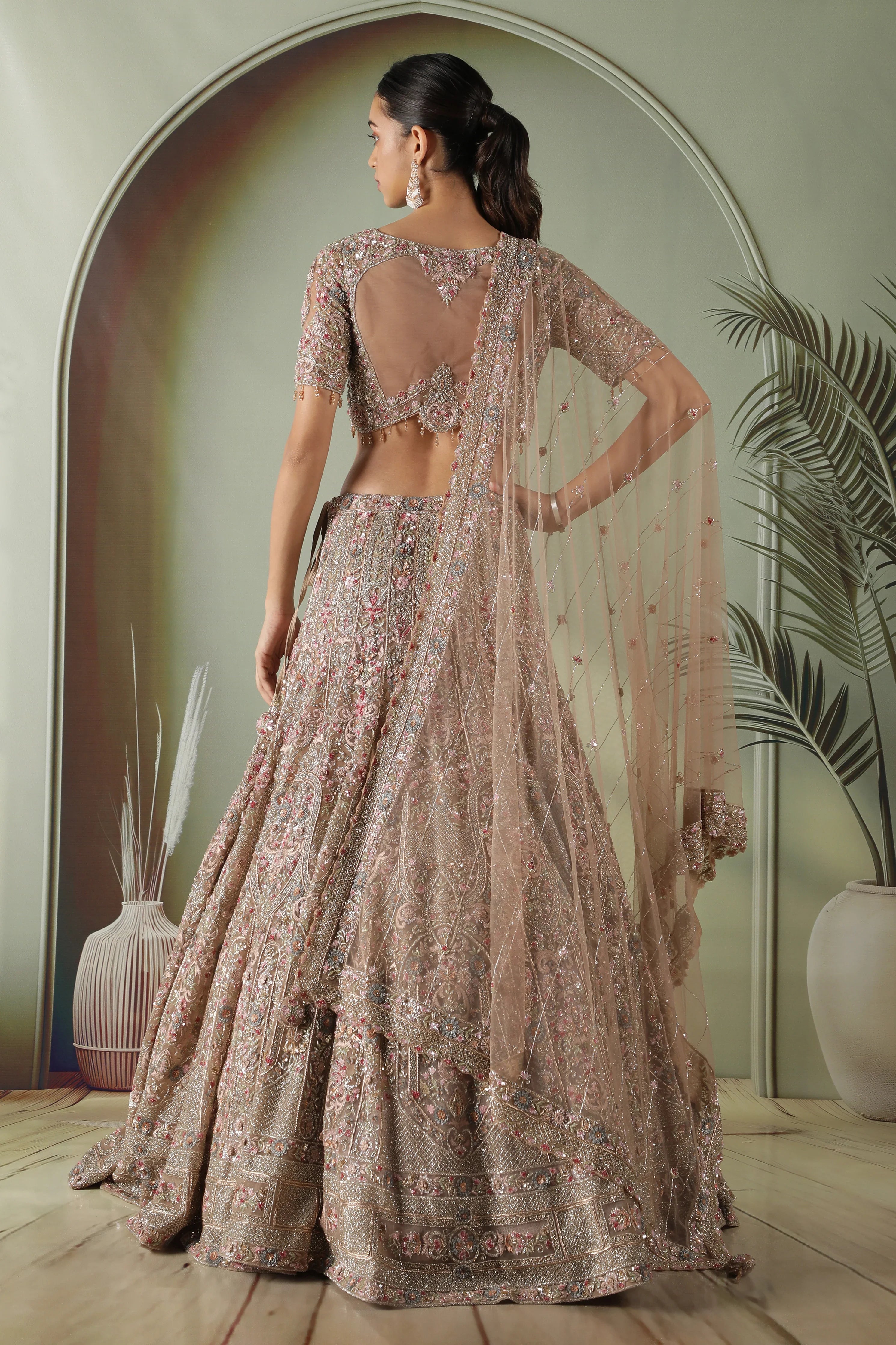Mocha Taupe Multi-Color Embroidered Net Lehenga Set - Mokshaa