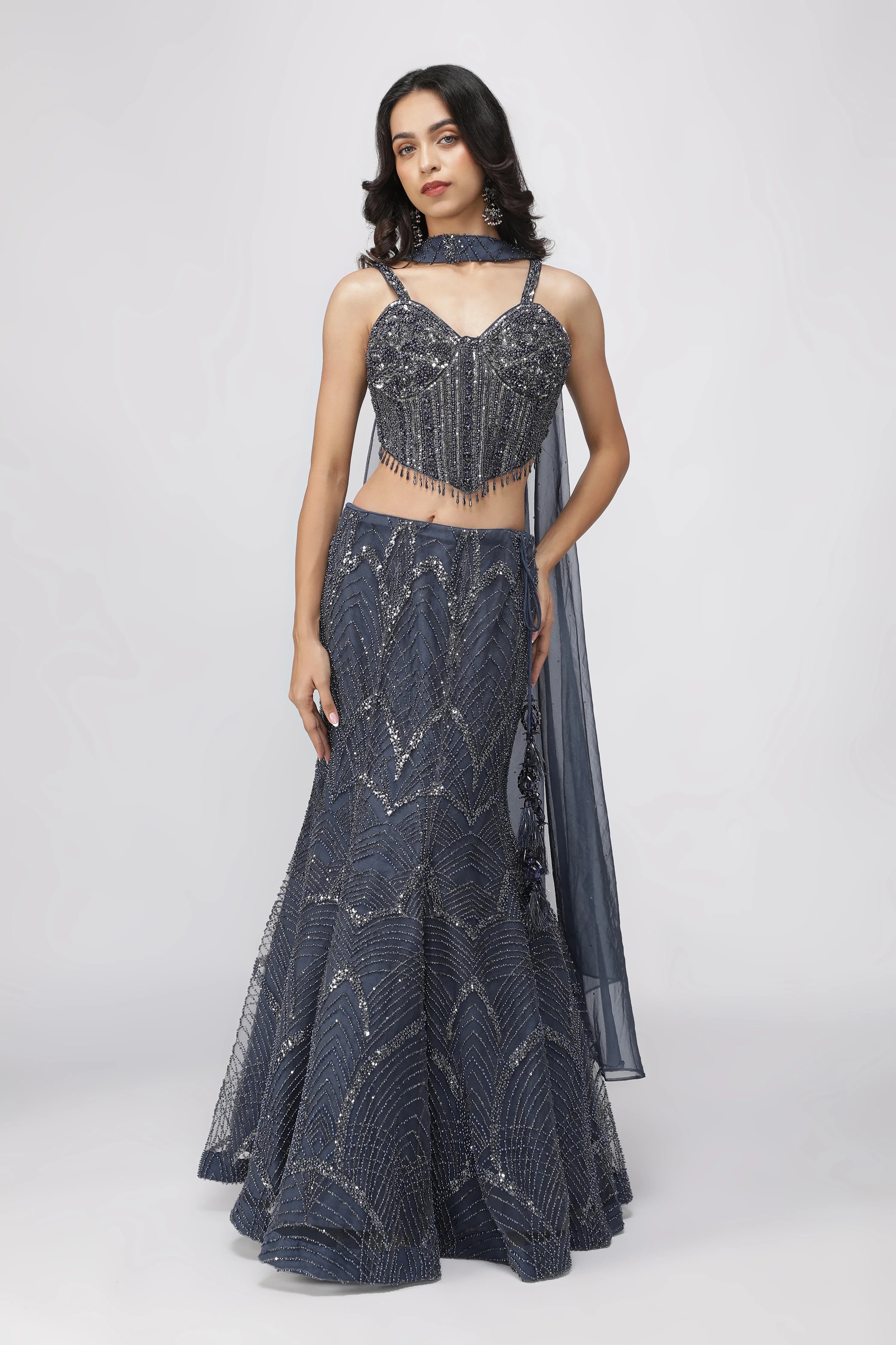 Blue Net Mermaid Lehenga with Embroidered Corset Blouse - Mokshaa