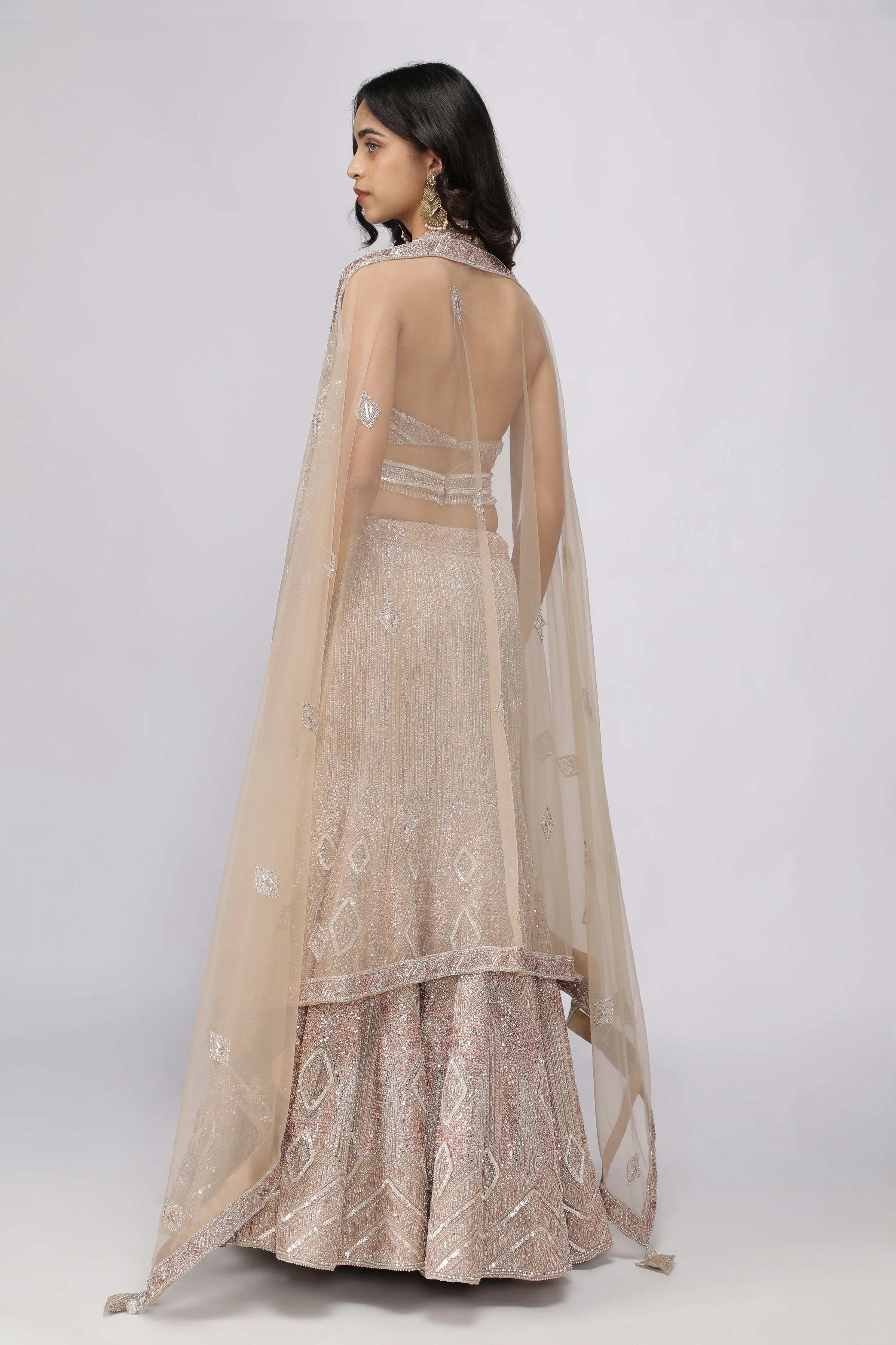 Champagne Net Mermaid Cut Lehenga set - Mokshaa