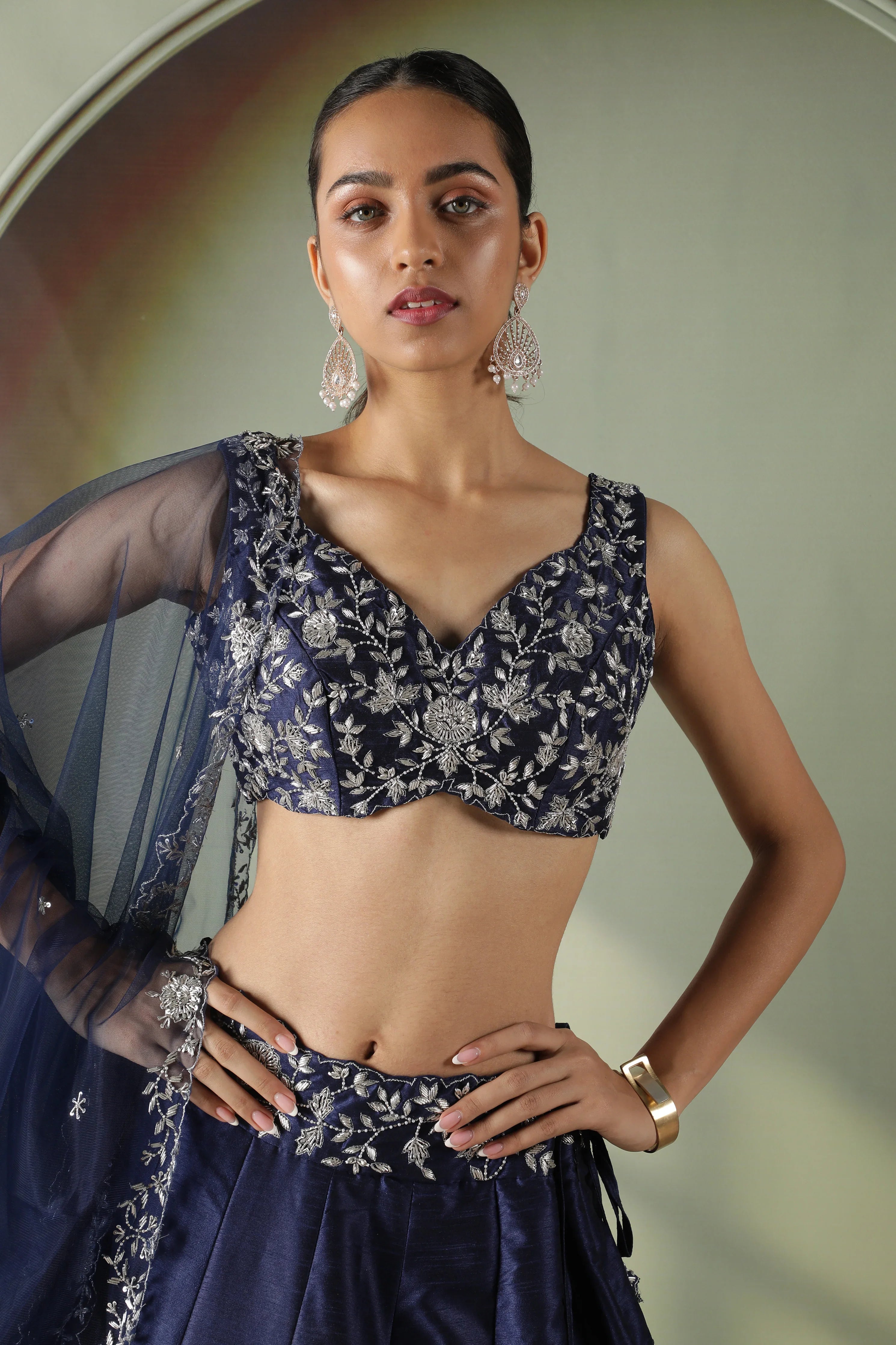 Navy Blue Raw Silk Embroidered Lehenga Set - Mokshaa