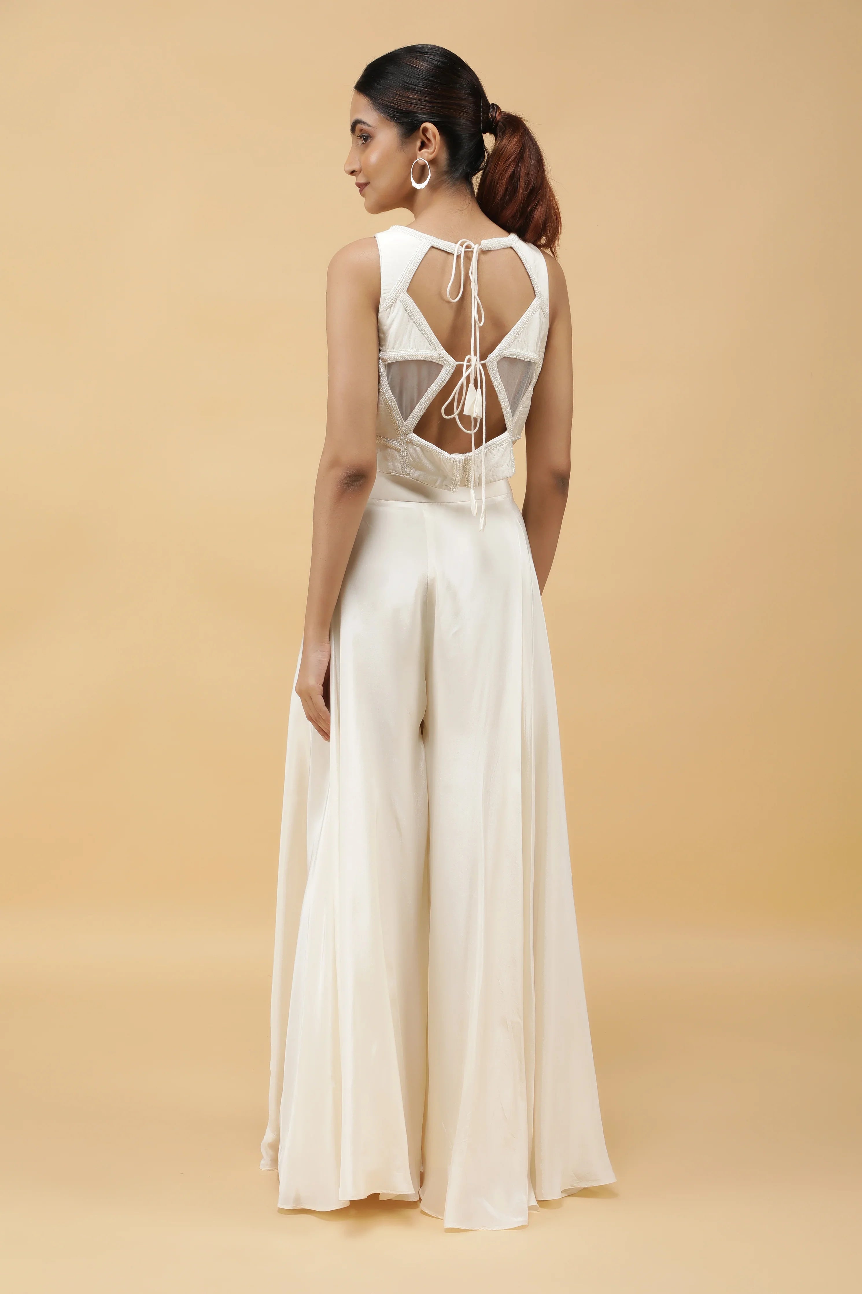 Ivory Prism Kutdana Embroidered Crop Top, Palazzo & Dupatta Set - Mokshaa