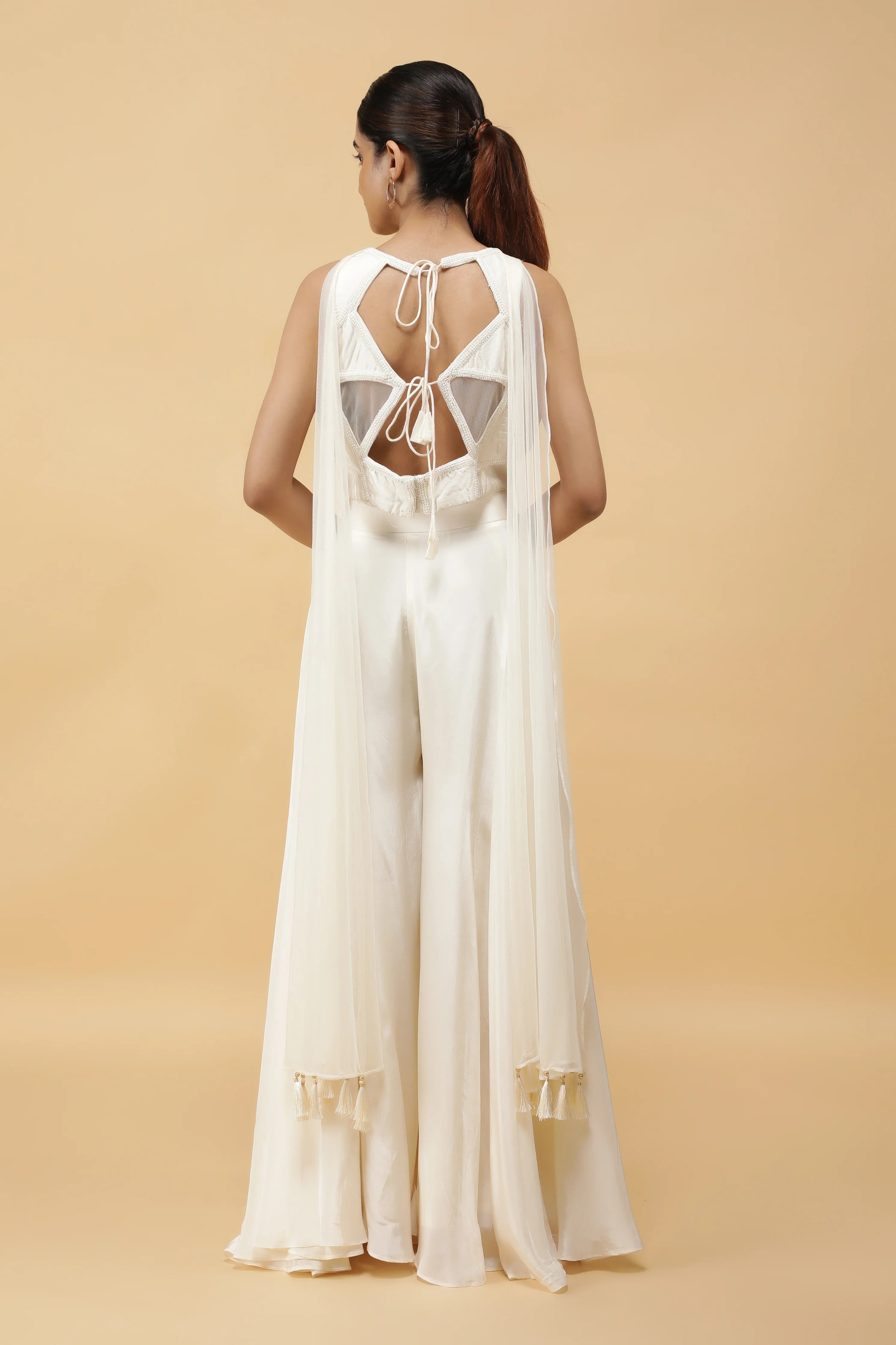 Ivory Prism Kutdana Embroidered Crop Top, Palazzo & Dupatta Set - Mokshaa