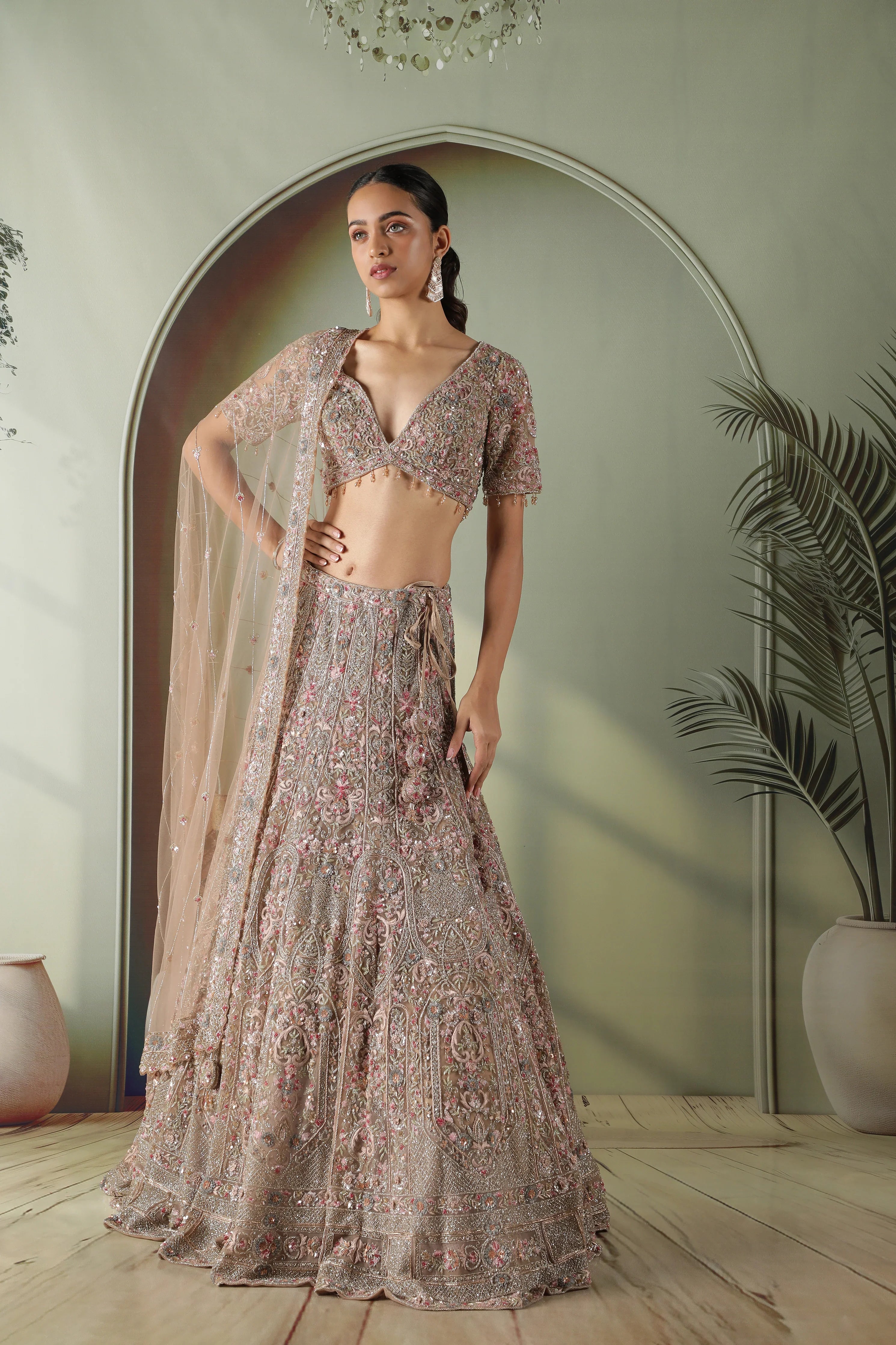 Mocha Taupe Multi-Color Embroidered Net Lehenga Set - Mokshaa
