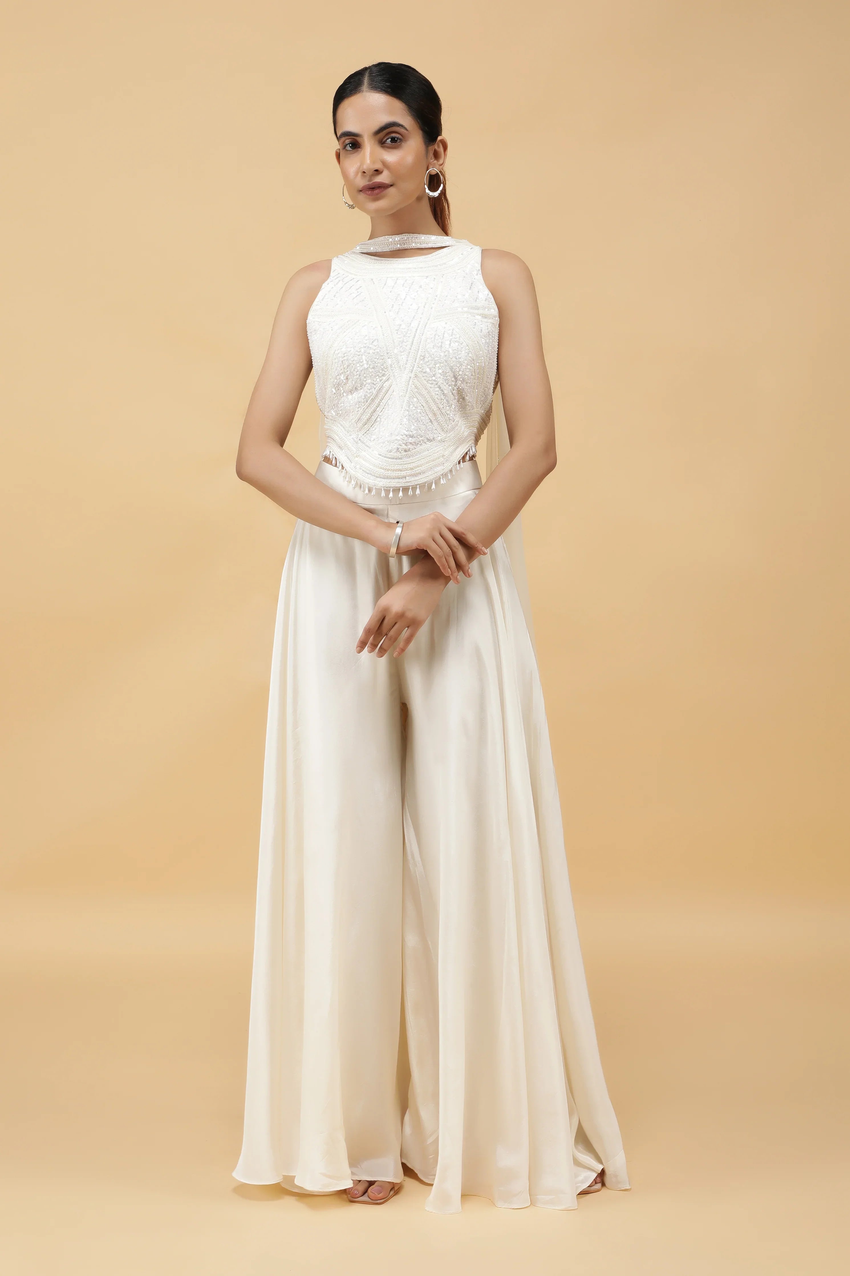 Ivory Prism Kutdana Embroidered Crop Top, Palazzo & Dupatta Set - Mokshaa